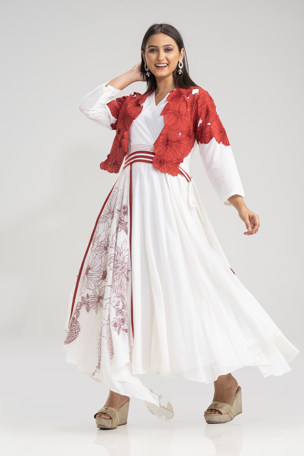 Thread work Long Gown in Red-White