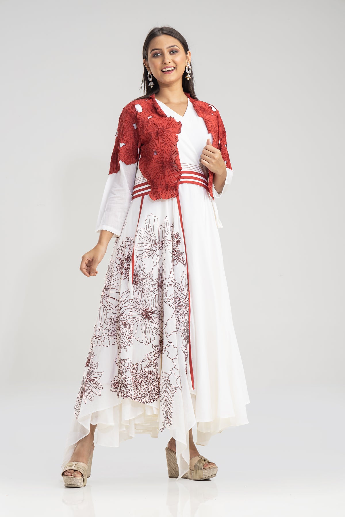 Thread work Long Gown in Red-White