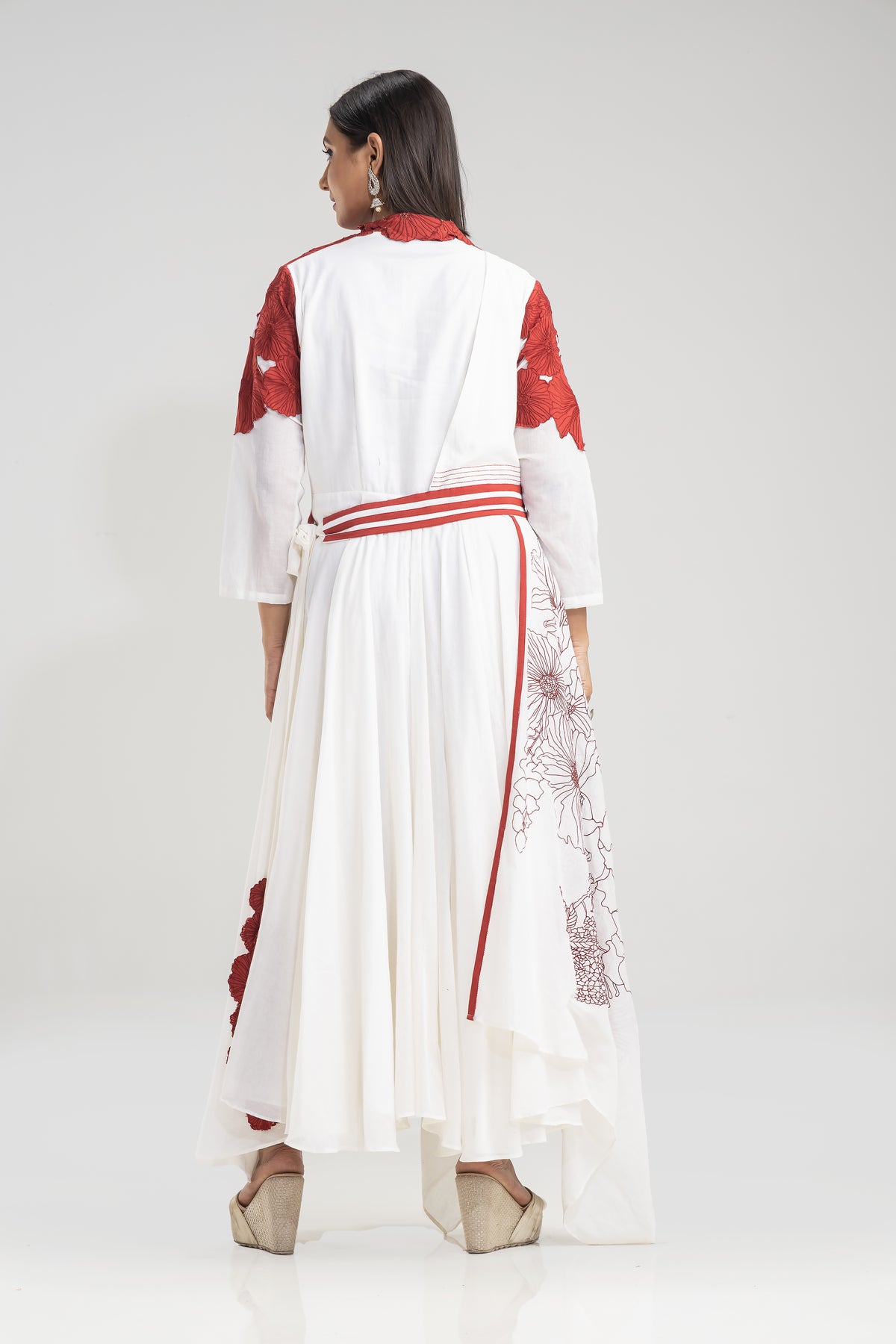 Thread work Long Gown in Red-White