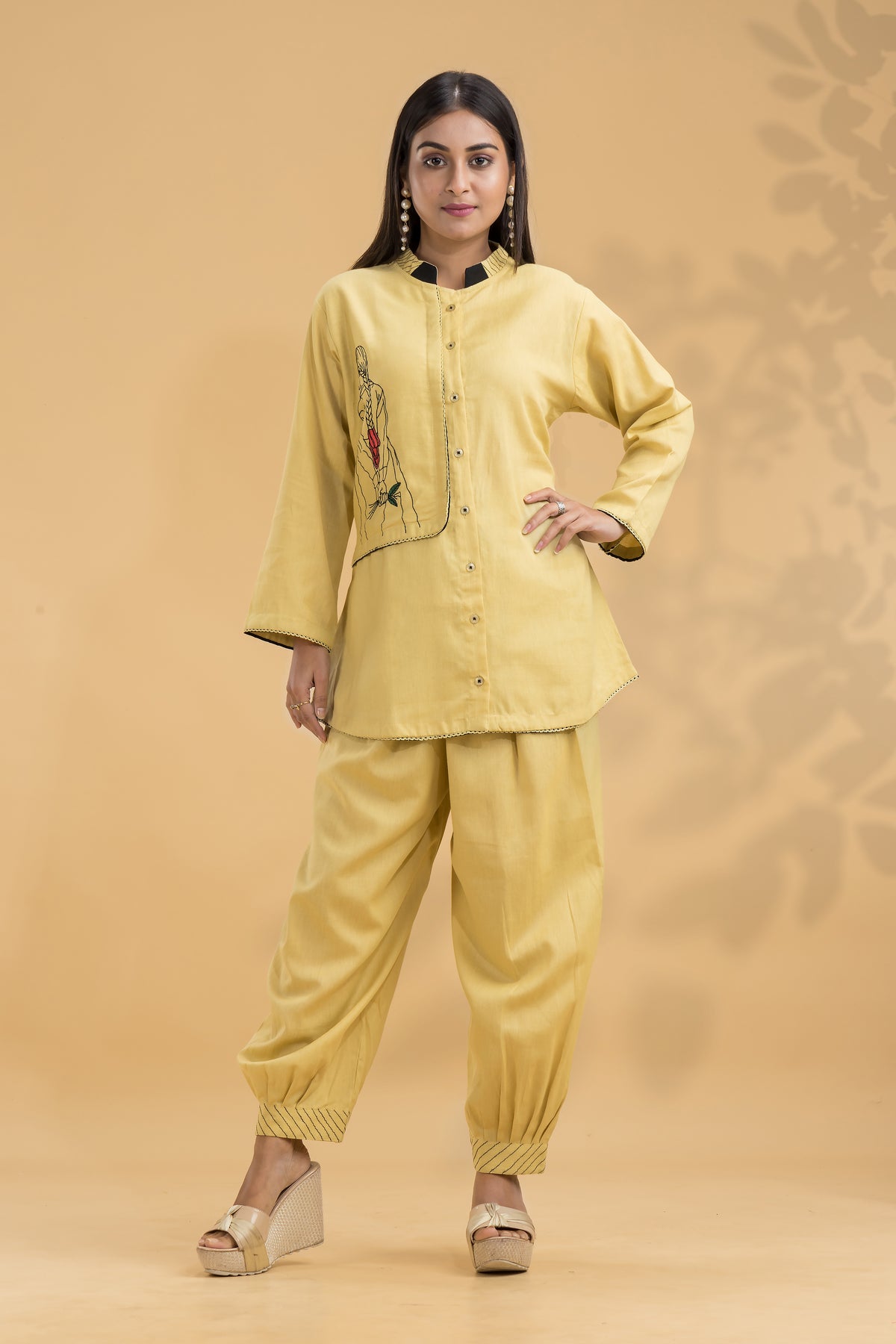 Embroidered Co-ord set with Chinese collar