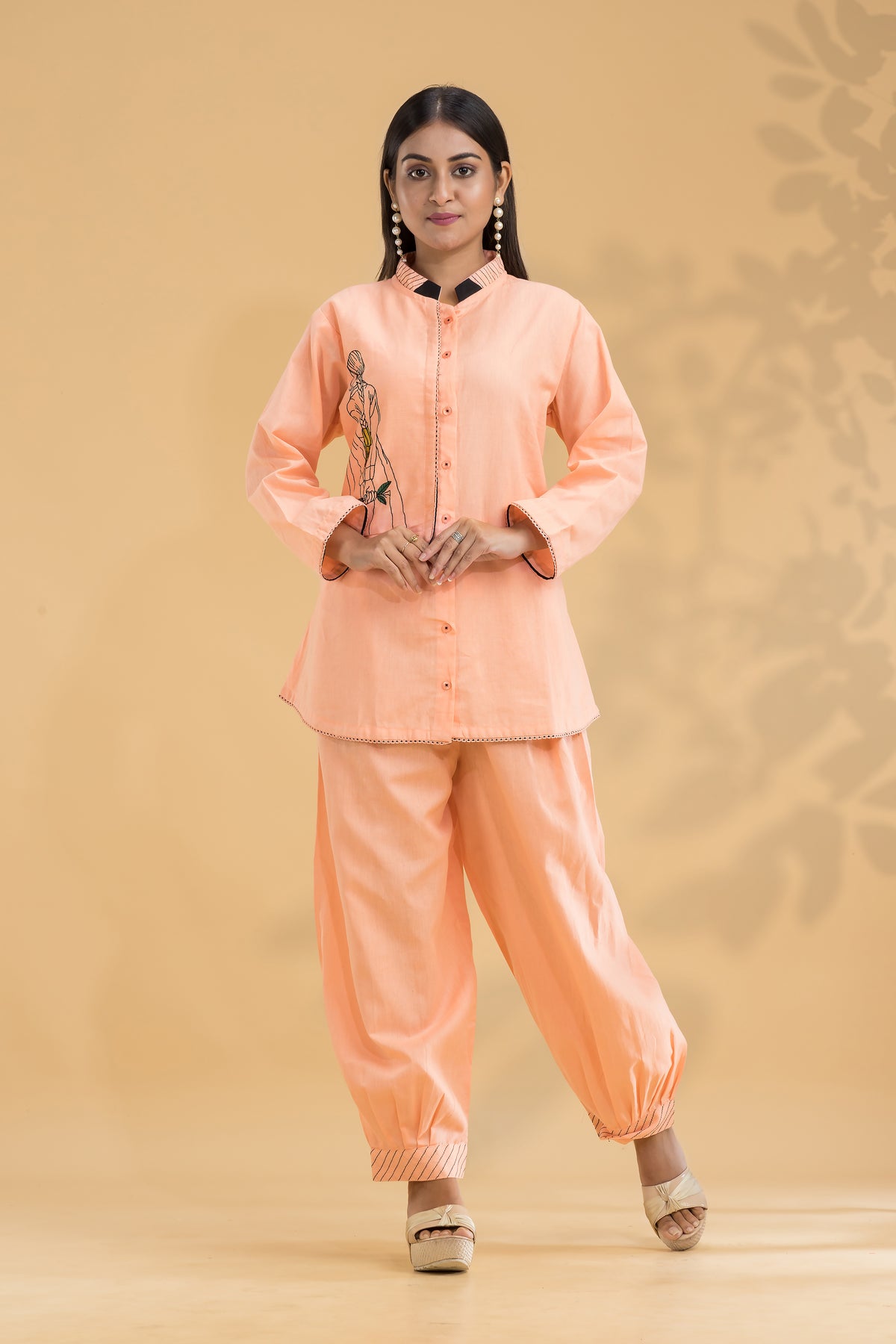 Embroidered Co-ord set with Chinese collar