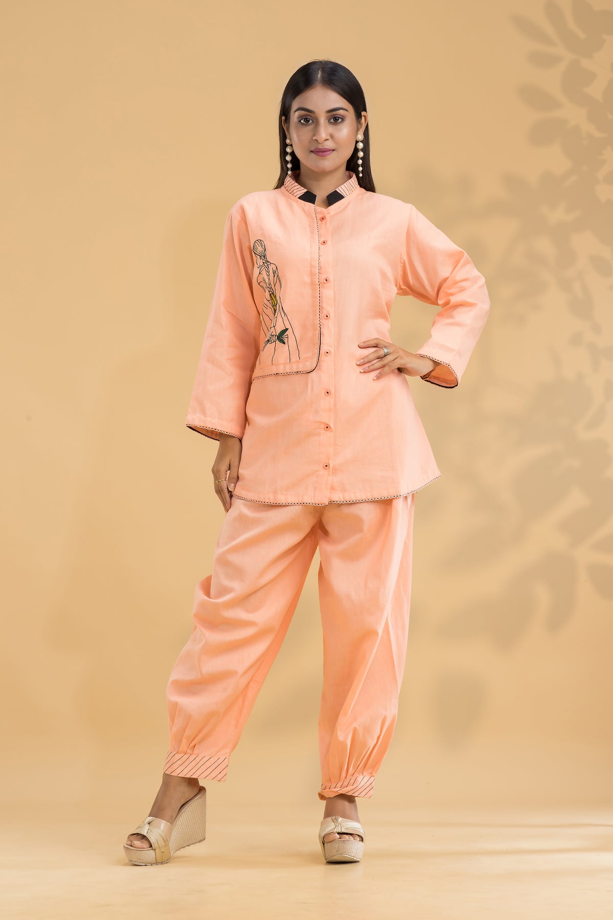 Embroidered Co-ord set with Chinese collar