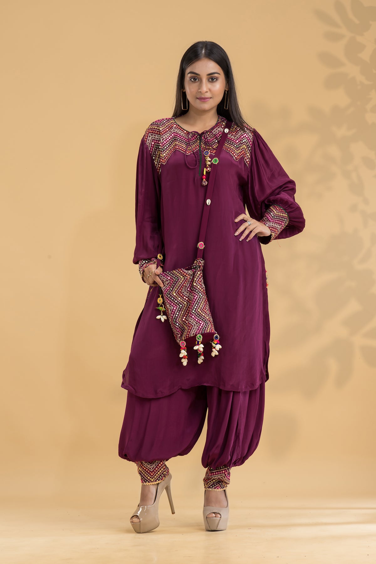 Embroidered Kurta-Pant Set with Bag