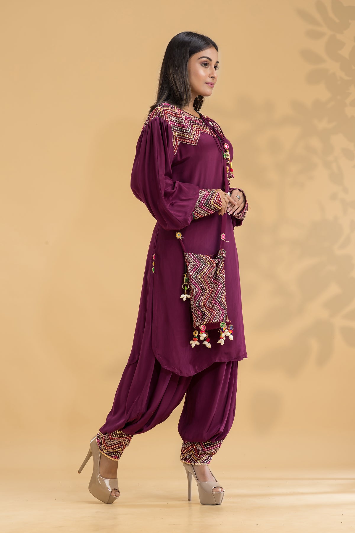 Embroidered Kurta-Pant Set with Bag