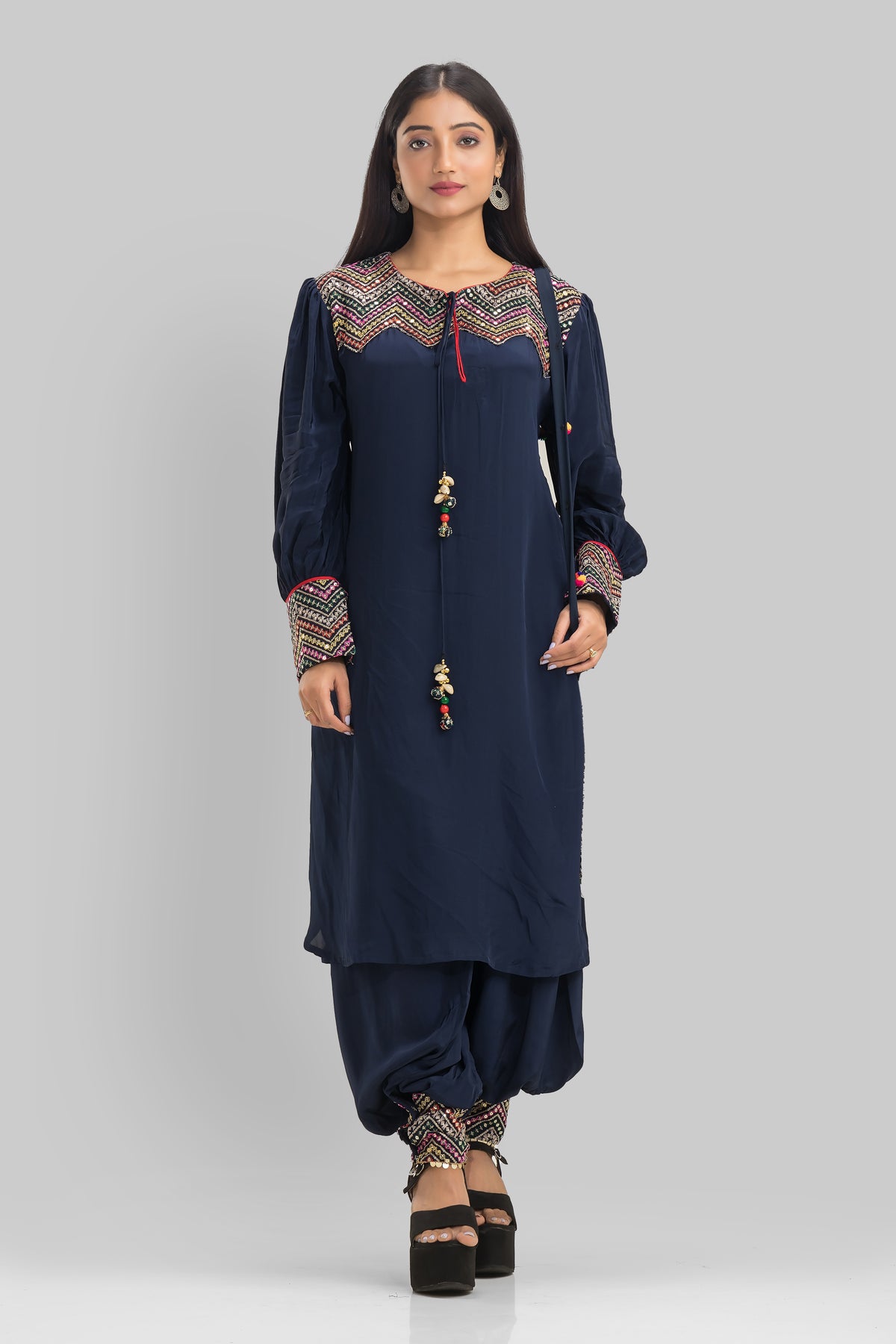 Embroidered Kurta-Pant Set with Bag