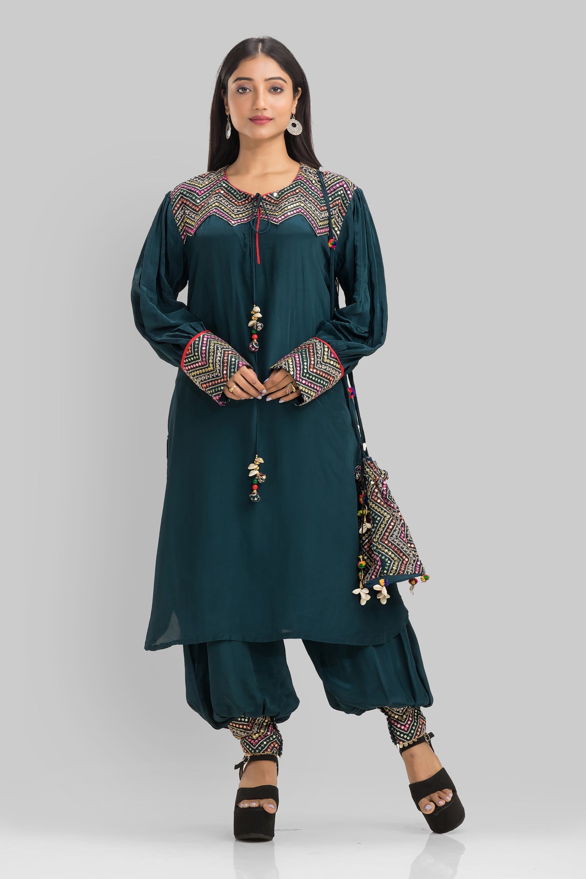 Embroidered Kurta-Pant Set with Bag