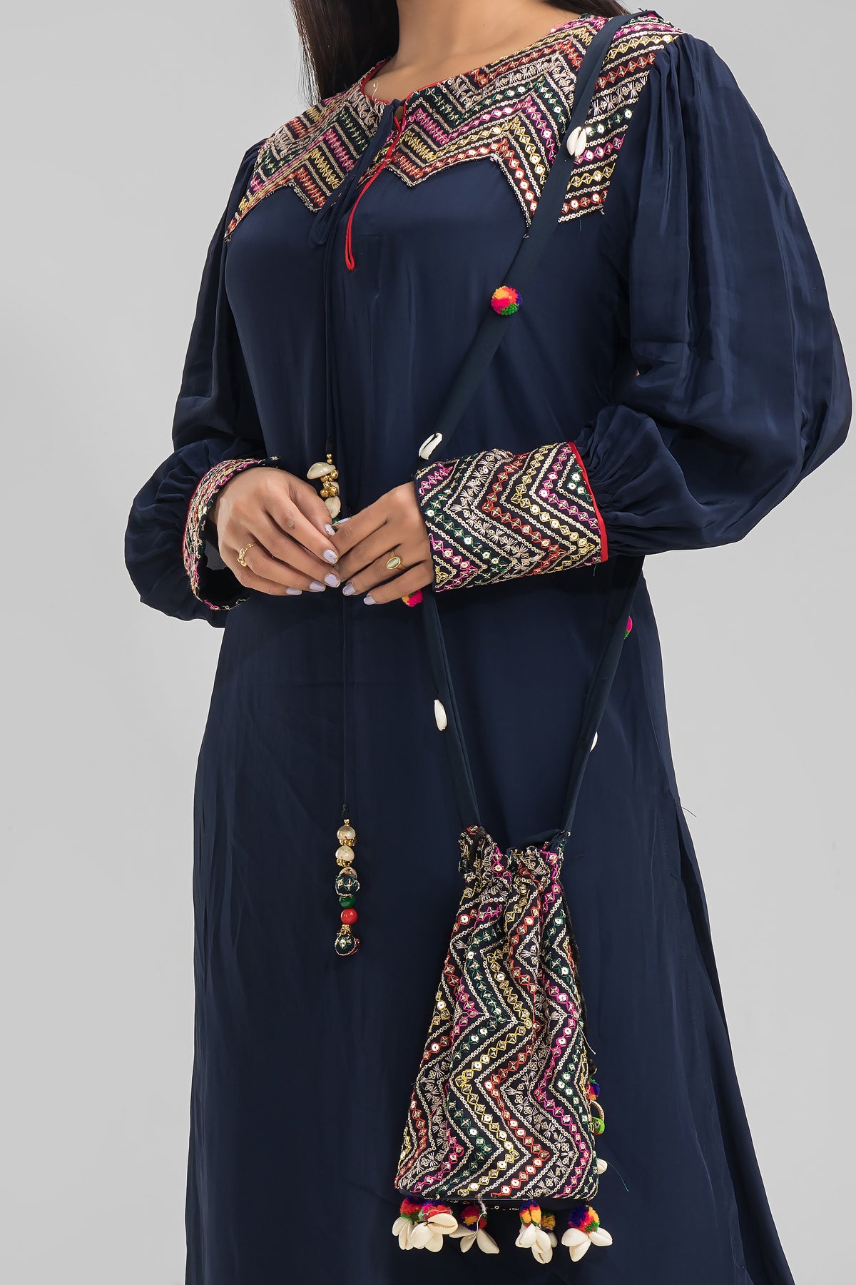 Embroidered Kurta-Pant Set with Bag