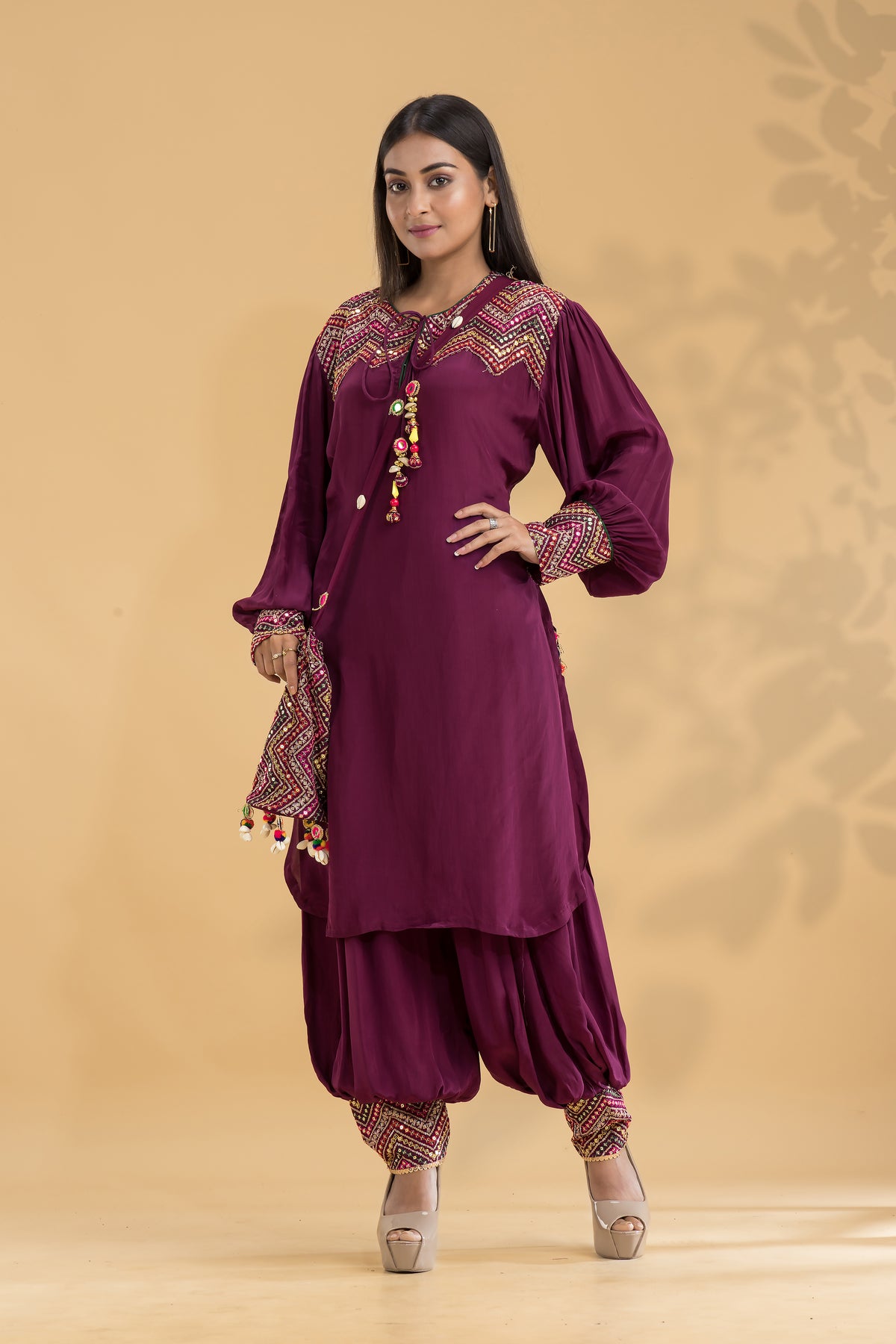 Embroidered Kurta-Pant Set with Bag