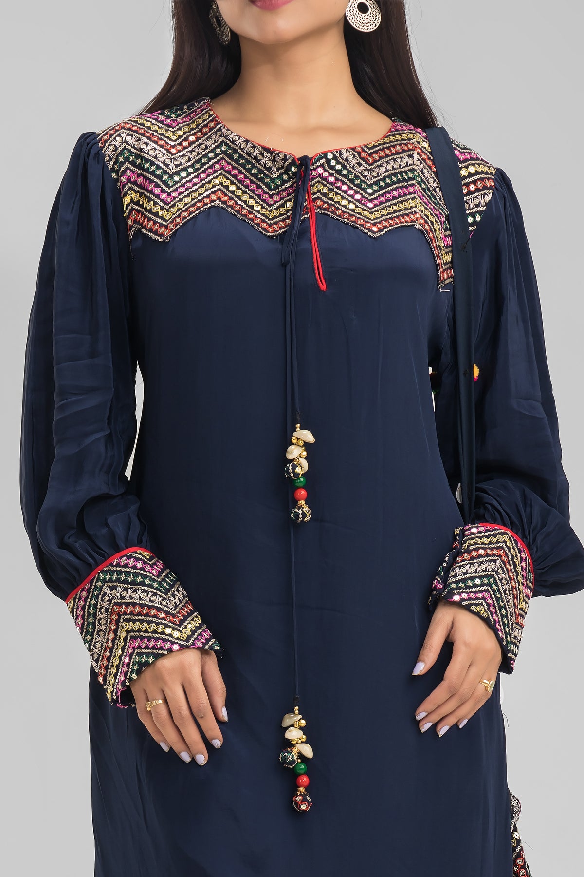 Embroidered Kurta-Pant Set with Bag