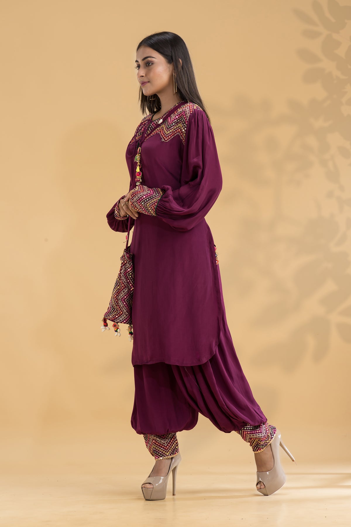 Embroidered Kurta-Pant Set with Bag