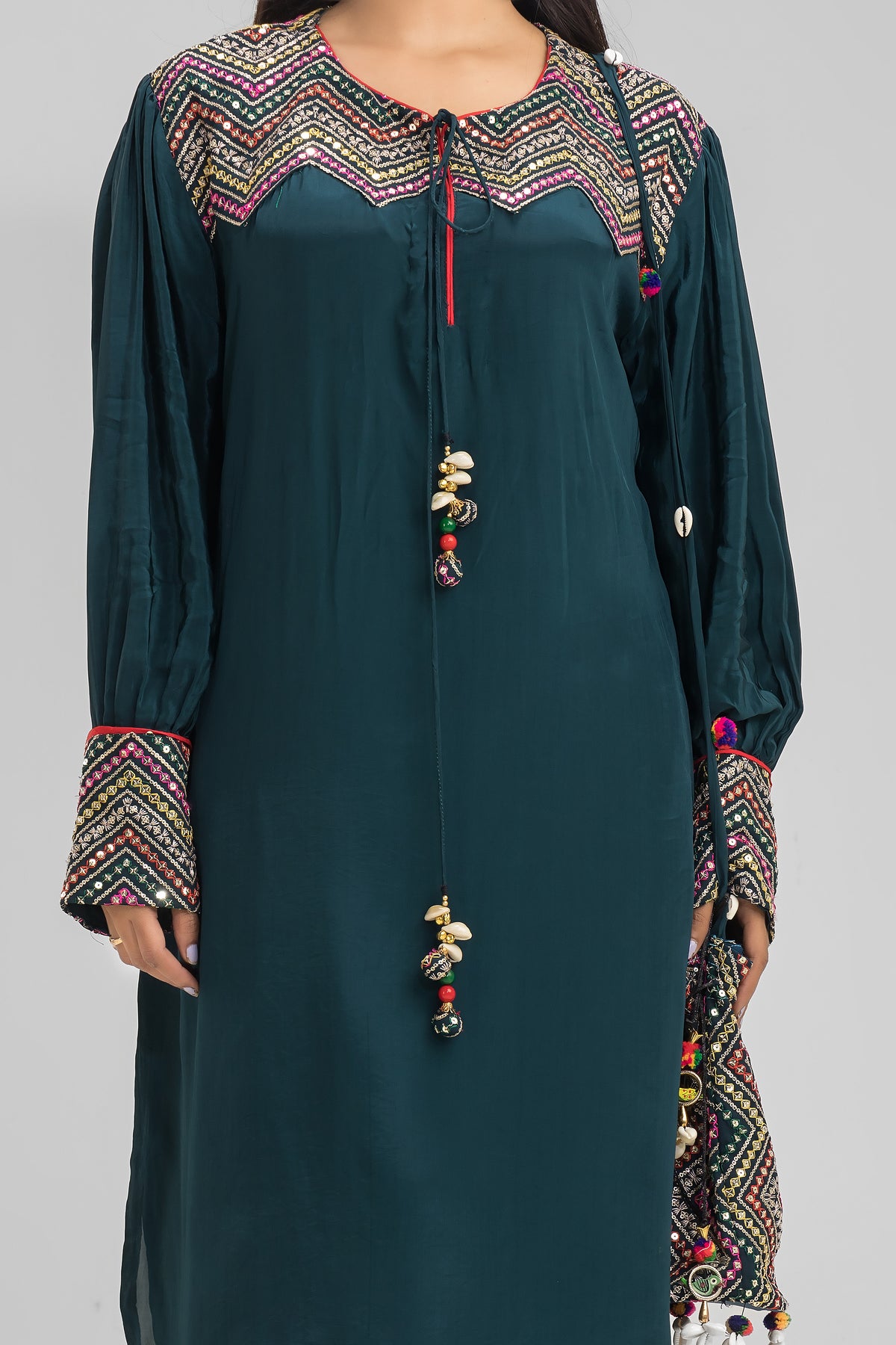 Embroidered Kurta-Pant Set with Bag