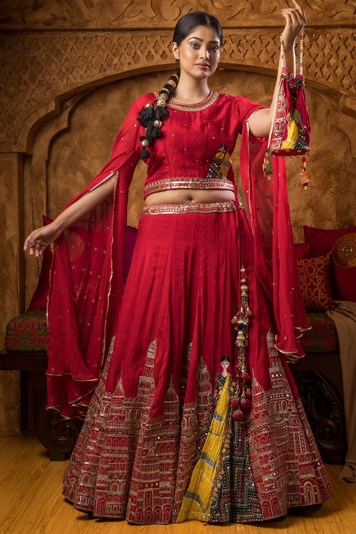 Heavy Embroidered Lahenga with Matching Potli Bag