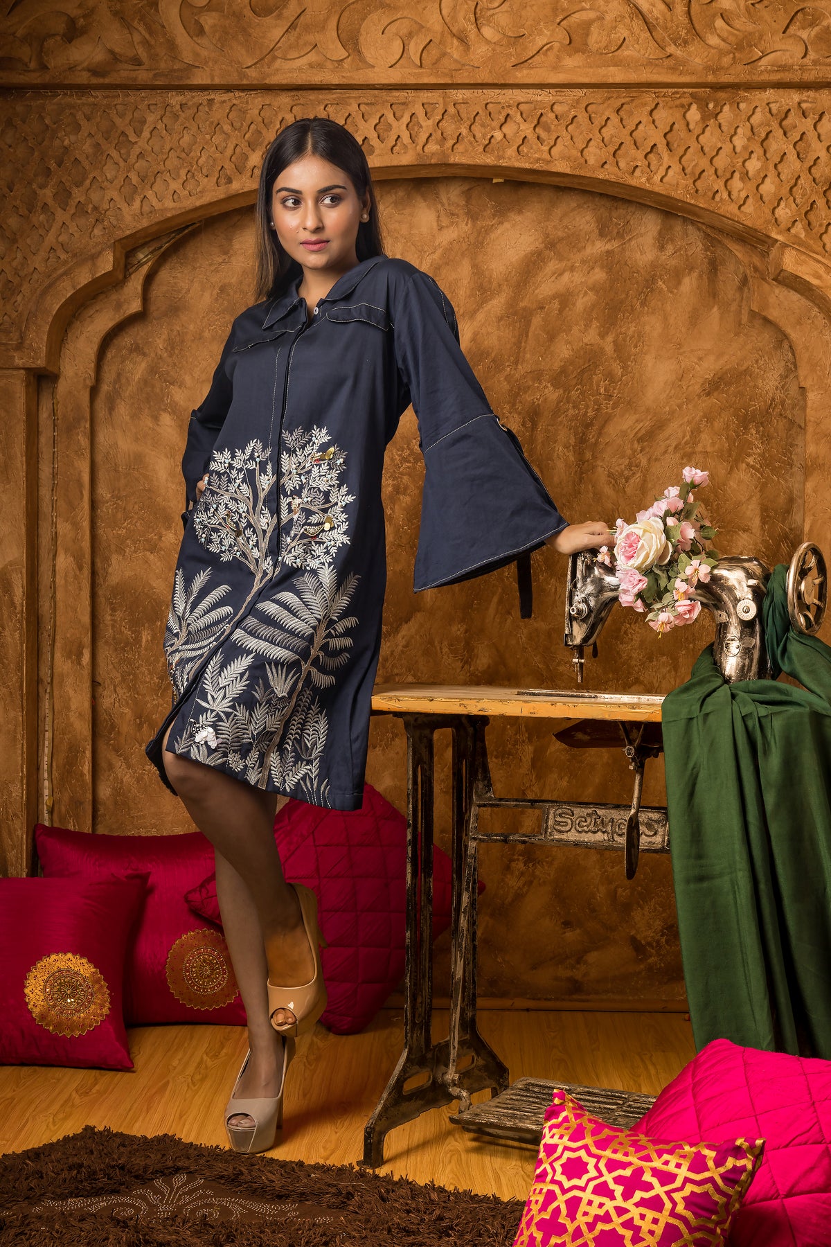 Embroidered Knee length Cotton Dress