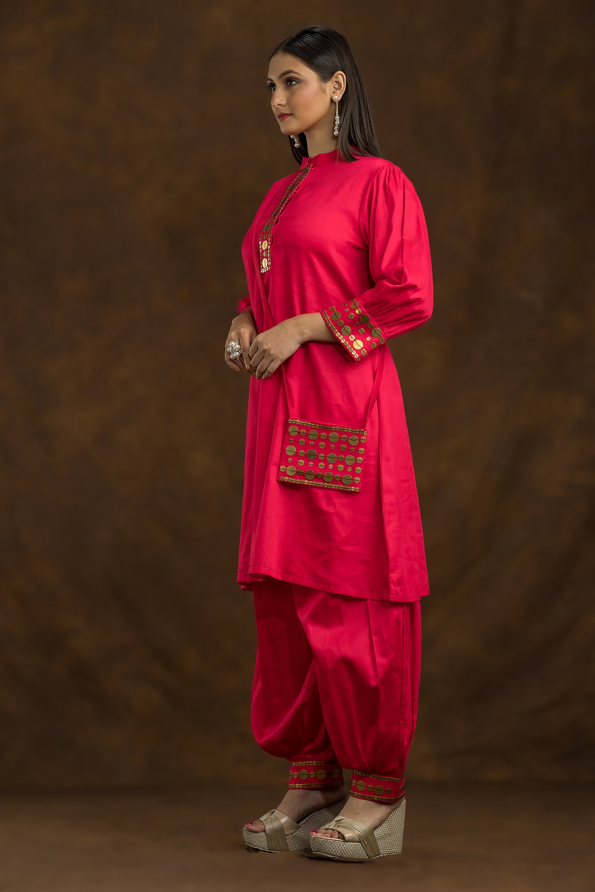 Red Kurta and Pant Set with Matching bag