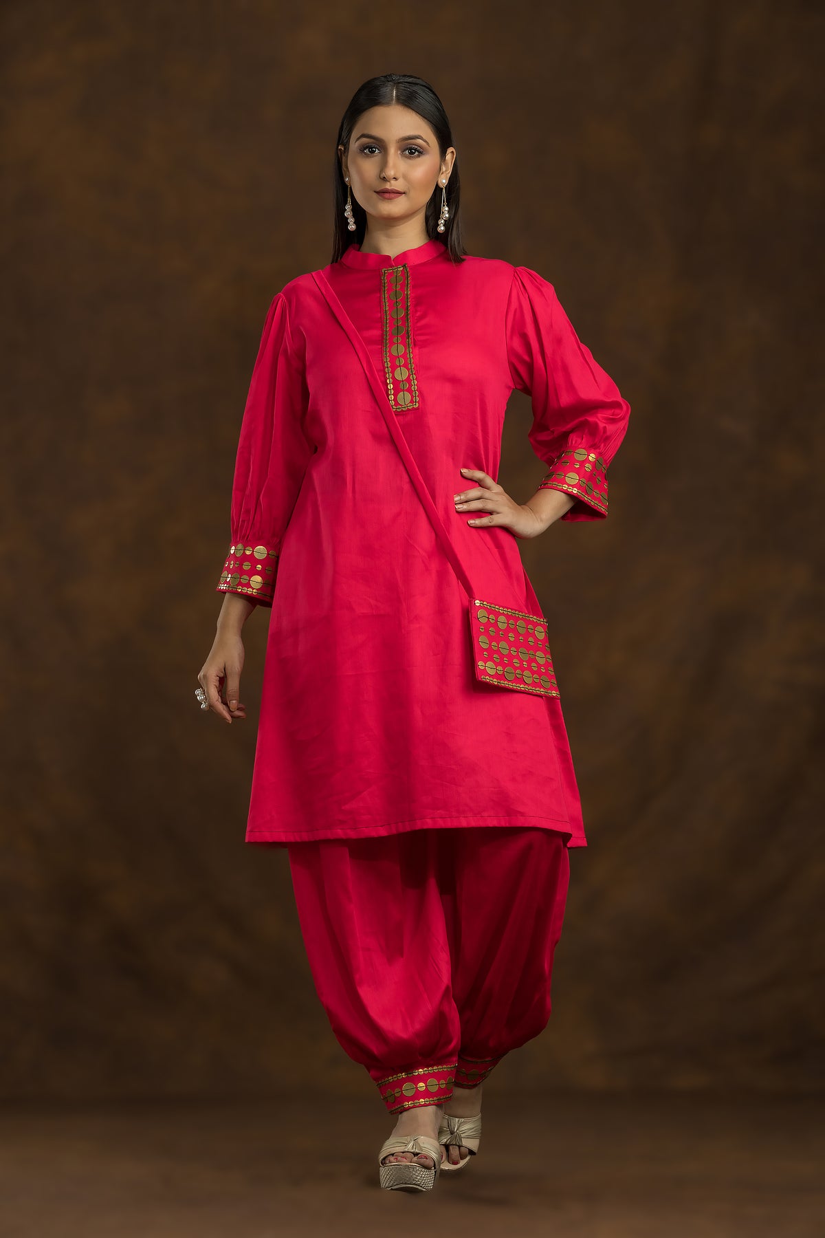 Red Kurta and Pant Set with Matching bag