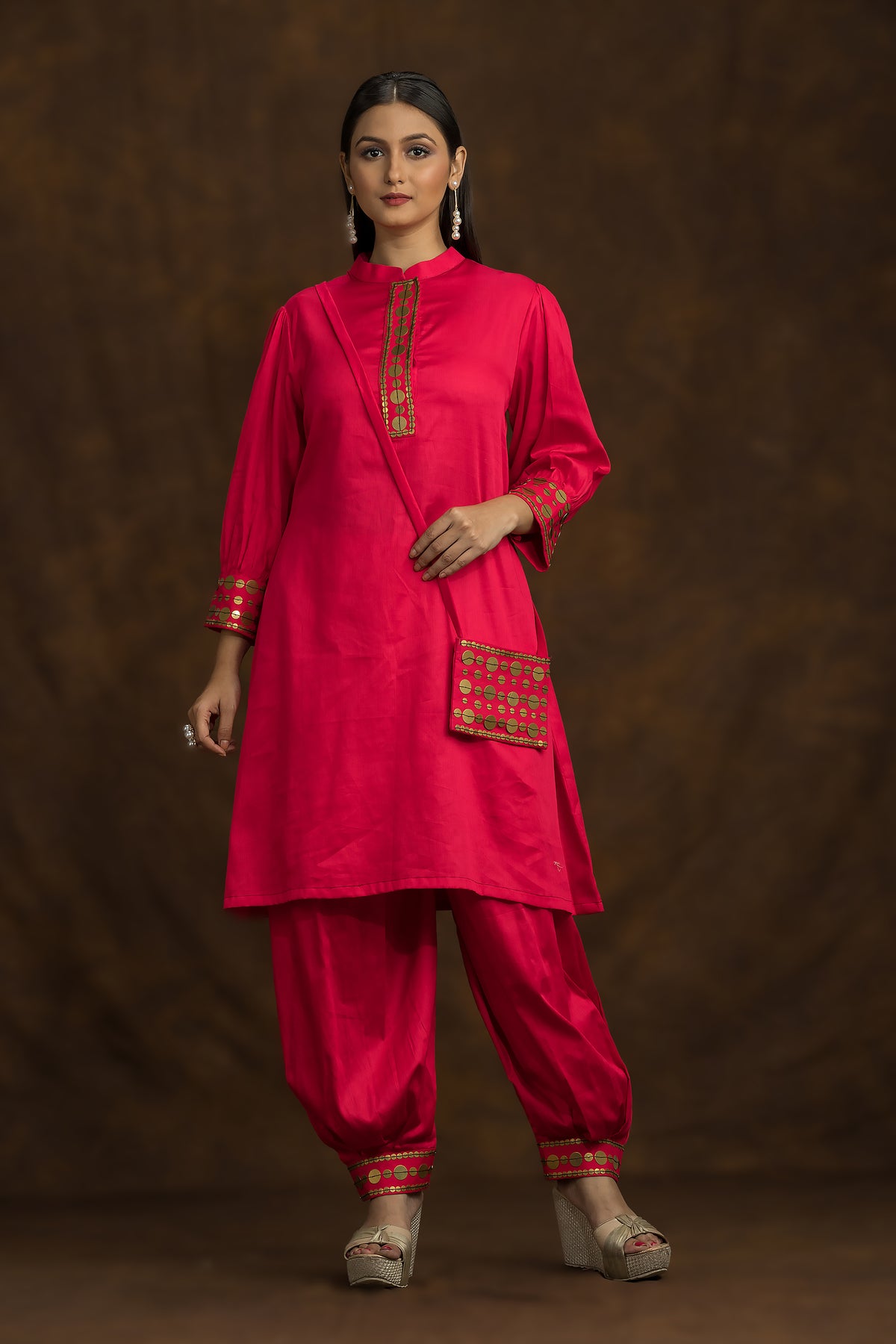 Red Kurta and Pant Set with Matching bag