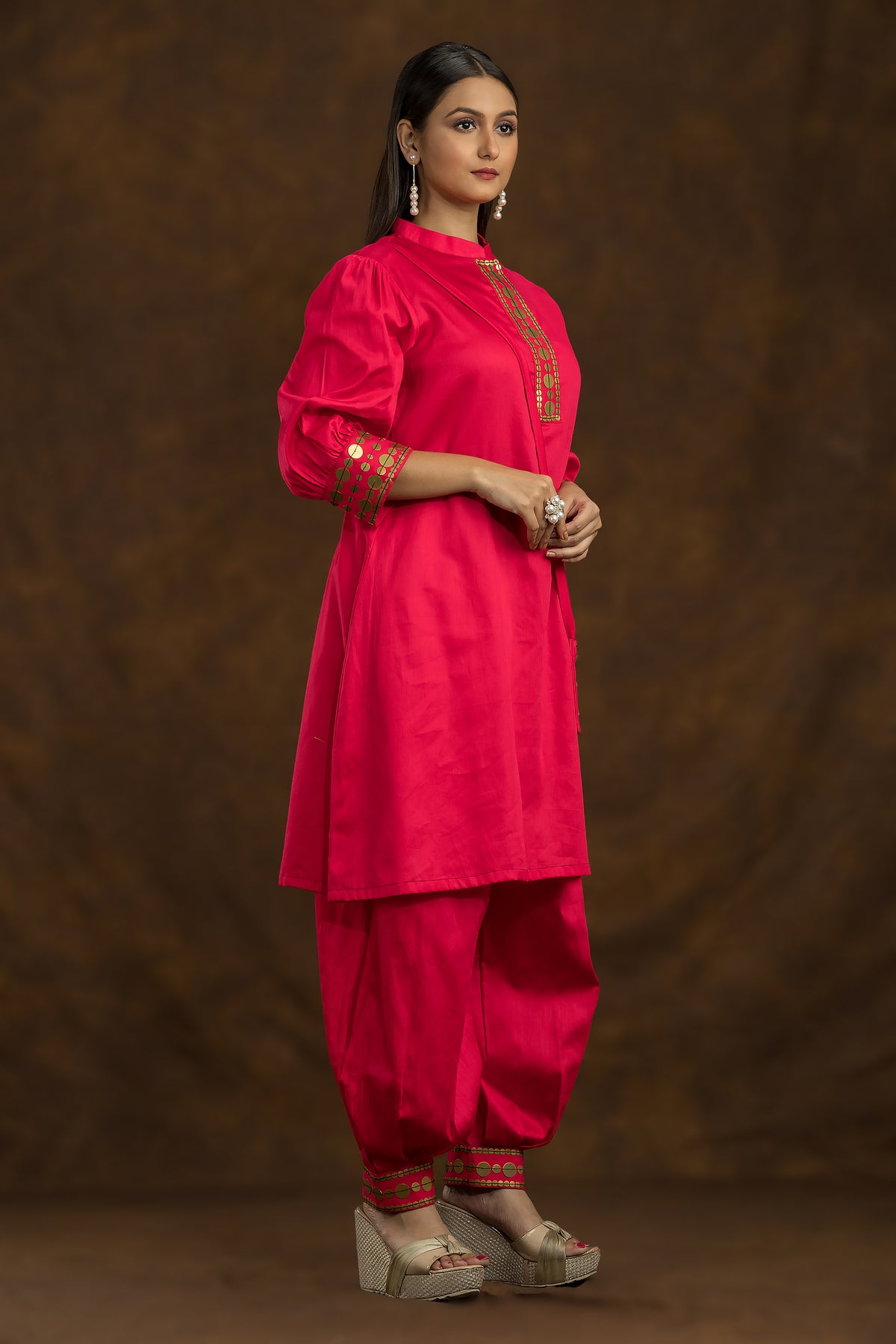 Red Kurta and Pant Set with Matching bag