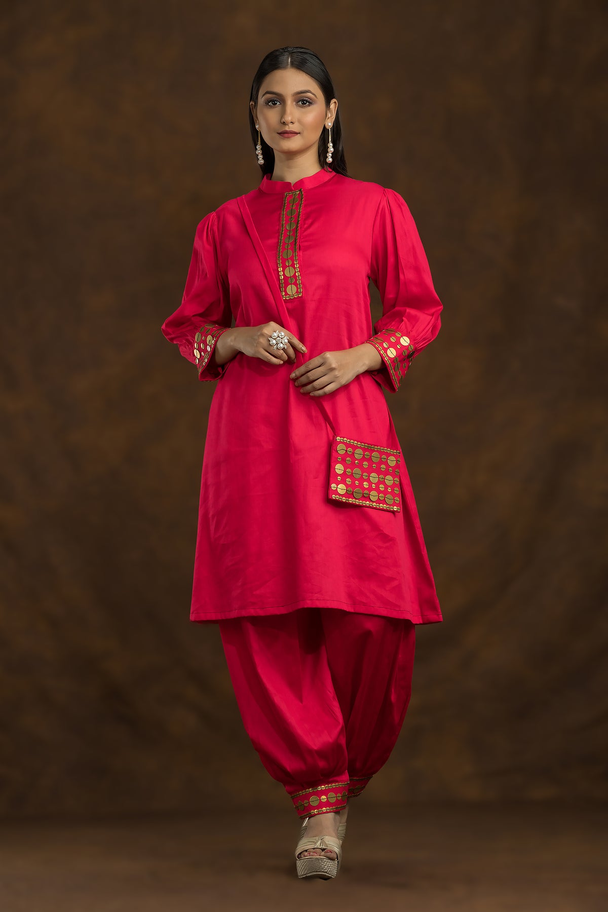 Red Kurta and Pant Set with Matching bag