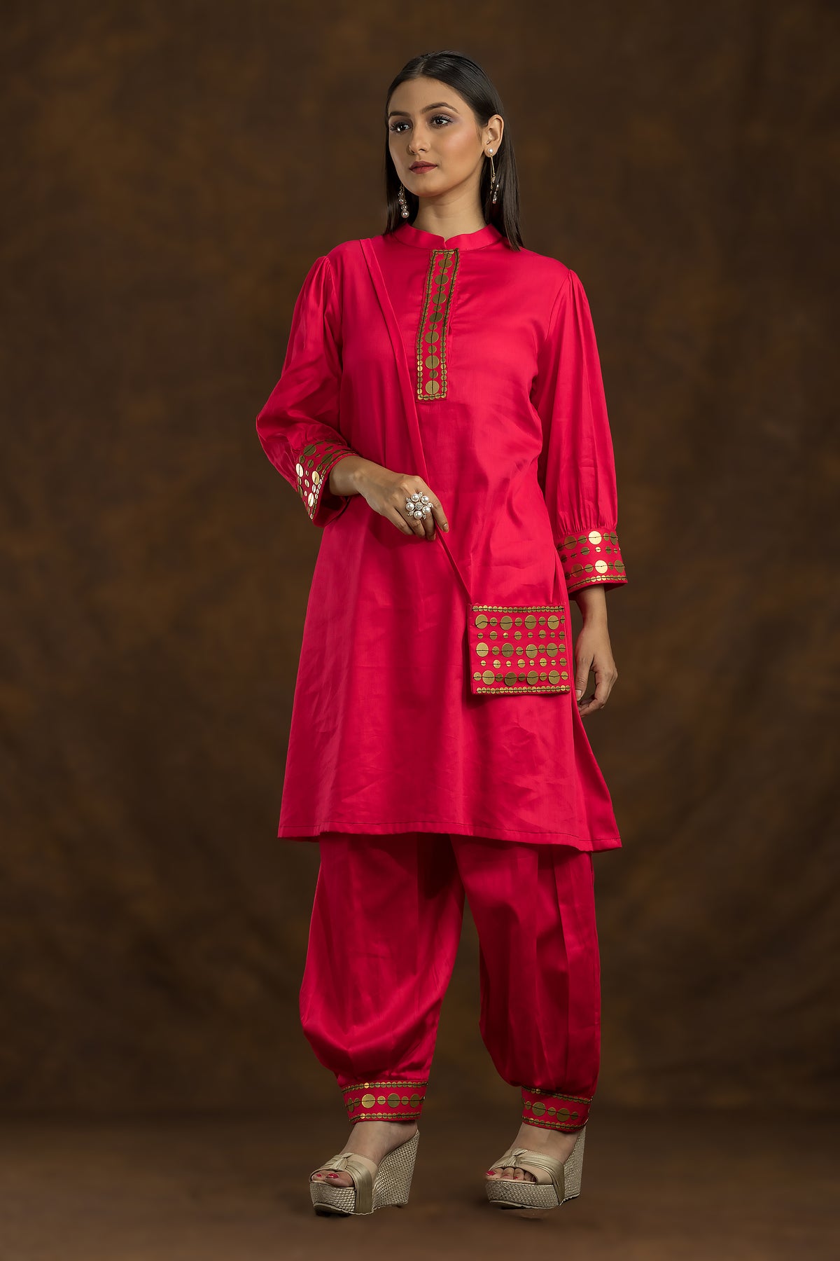 Red Kurta and Pant Set with Matching bag