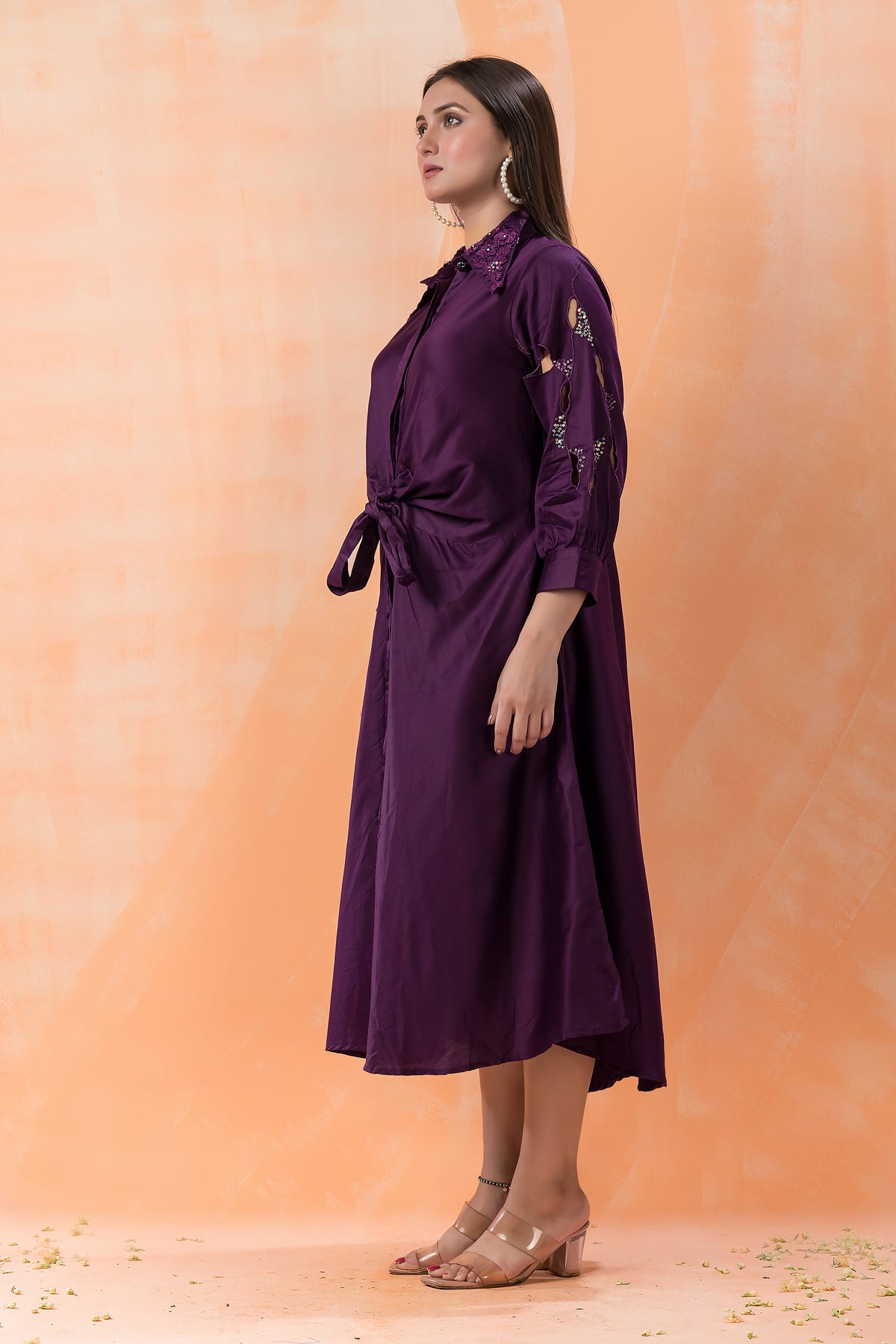 Designer Satin Dress with Collar work