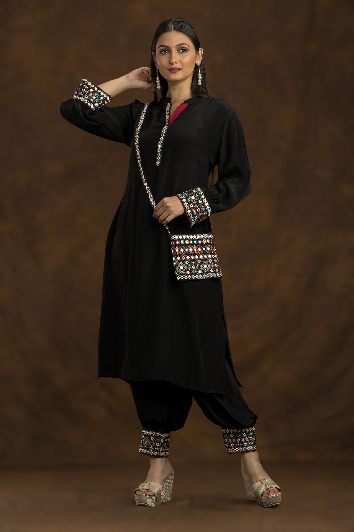 Designer Black Kurta and Pant Set with Matching bag