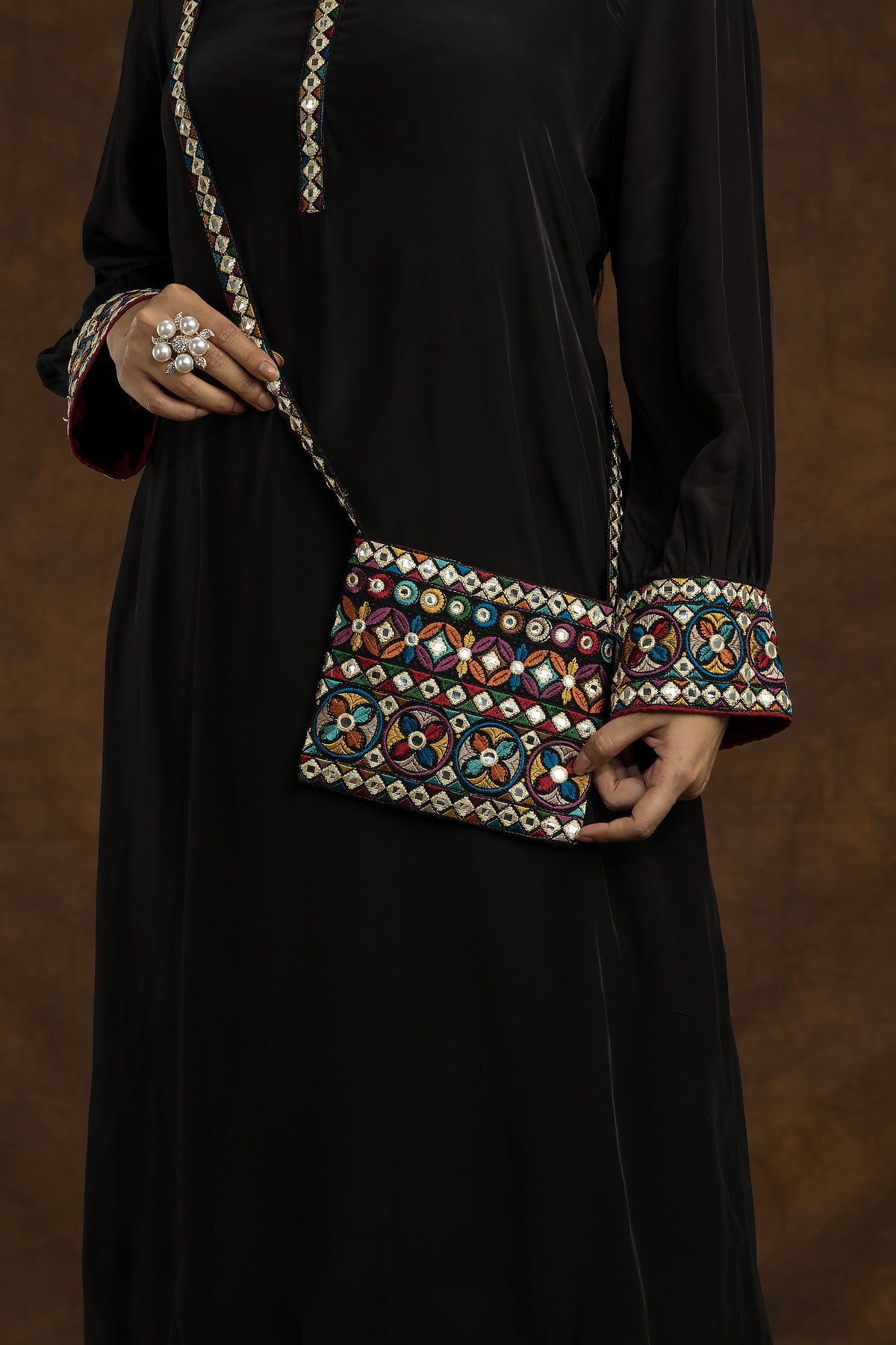 Designer Black Kurta and Pant Set with Matching bag