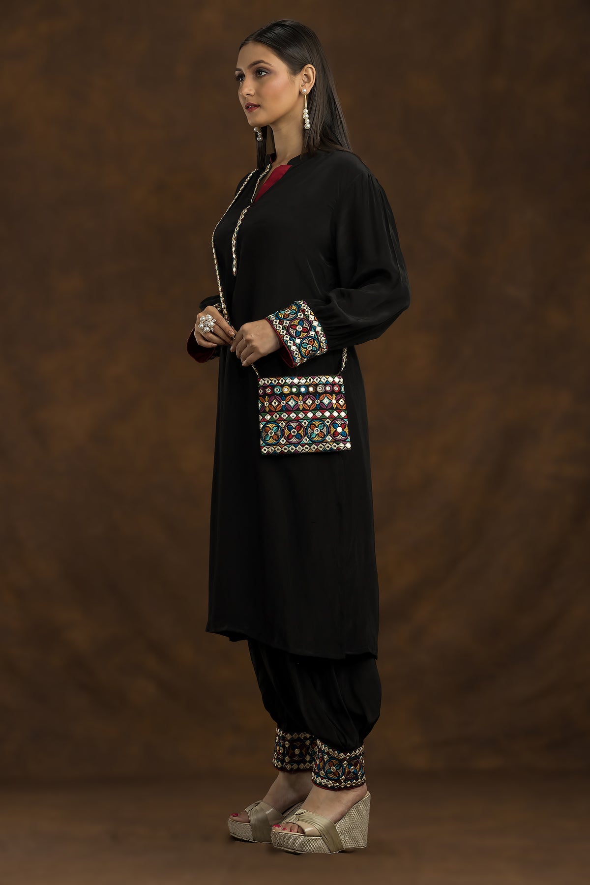 Designer Black Kurta and Pant Set with Matching bag