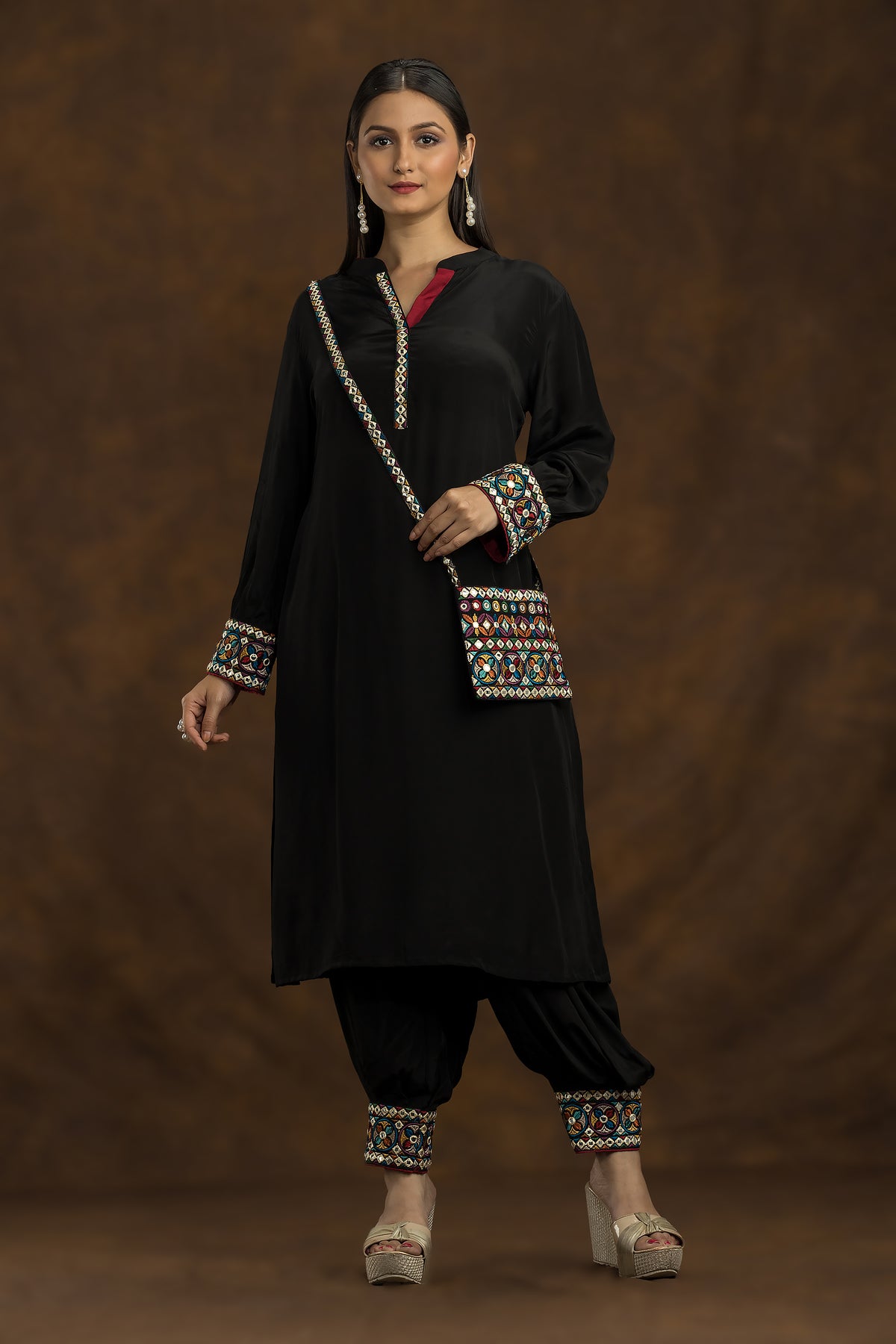 Designer Black Kurta and Pant Set with Matching bag