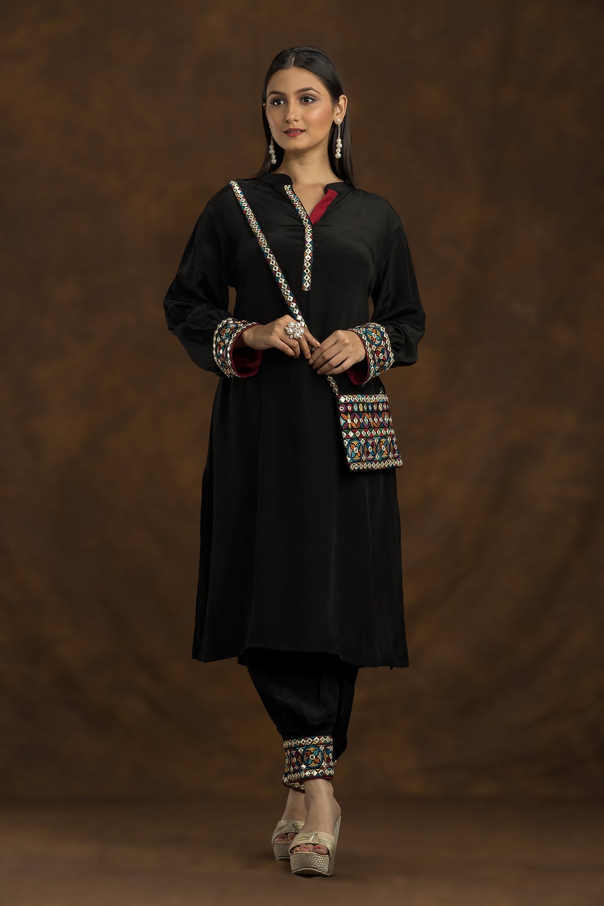 Designer Black Kurta and Pant Set with Matching bag