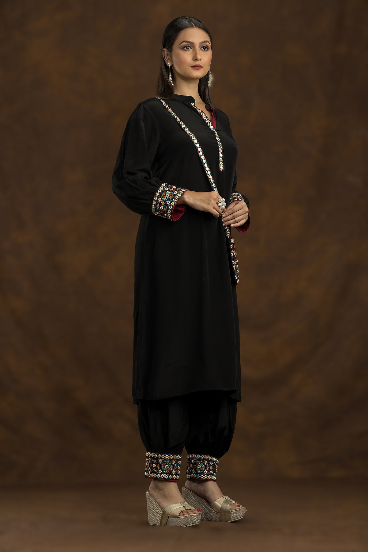 Designer Black Kurta and Pant Set with Matching bag