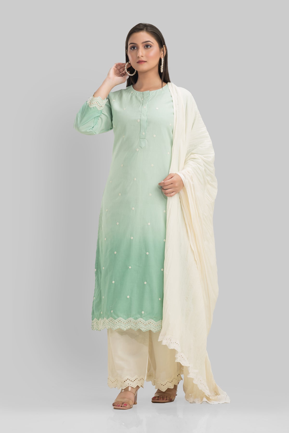 Embroidered Cotton Kurta-Pant-Dupatta Set