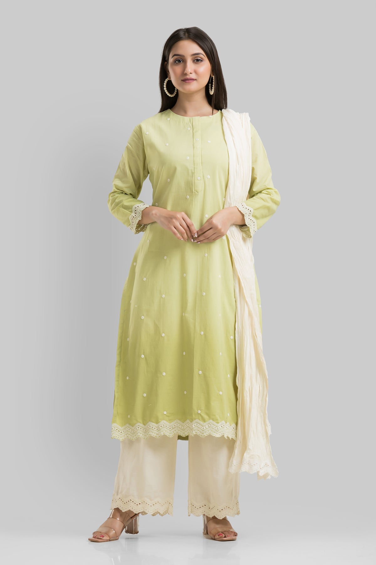 Embroidered Cotton Kurta-Pant-Dupatta Set