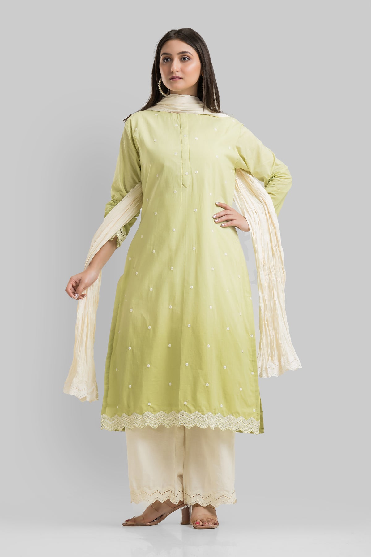 Embroidered Cotton Kurta-Pant-Dupatta Set