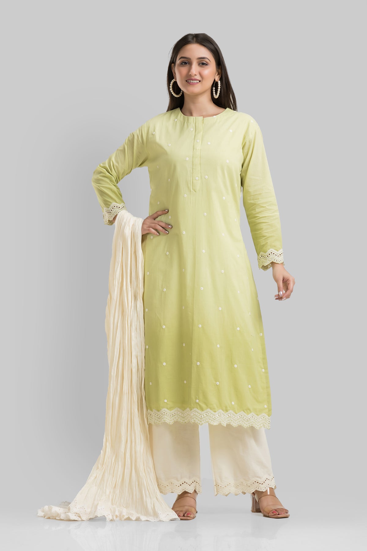 Embroidered Cotton Kurta-Pant-Dupatta Set