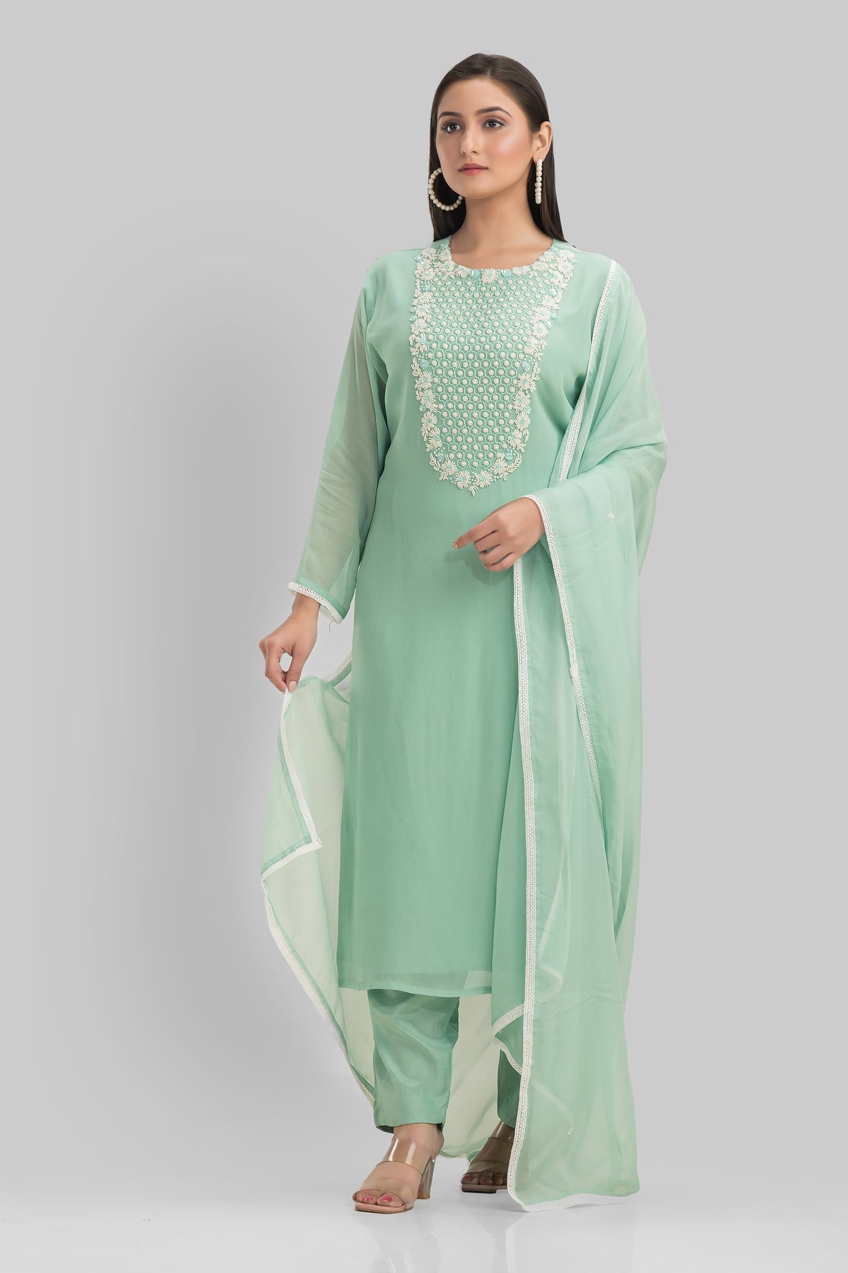 Sacred Suta Embroidered Georgette Kurta Set_Basra collection