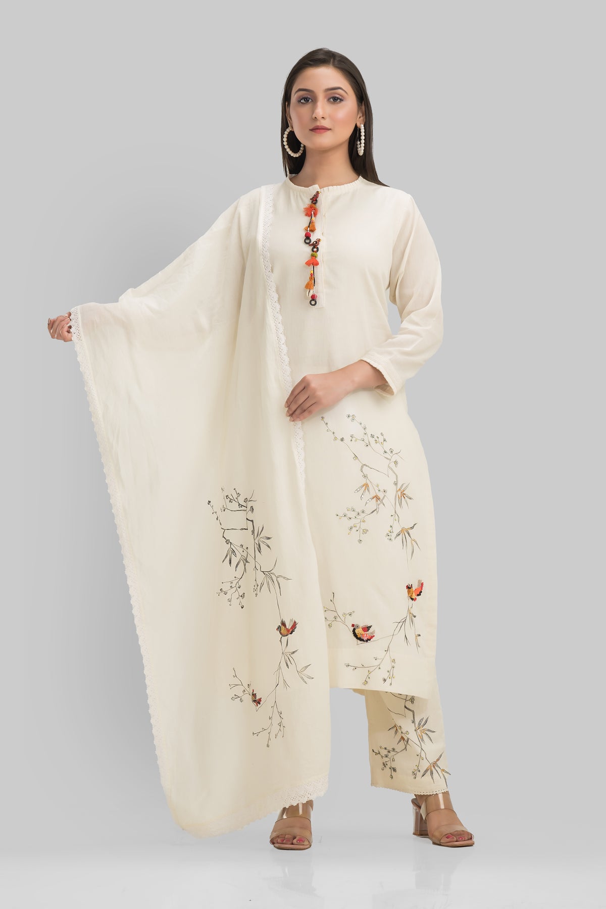 Sacred Suta Embroidered Cotton Kurta-Pant Dupatta Set