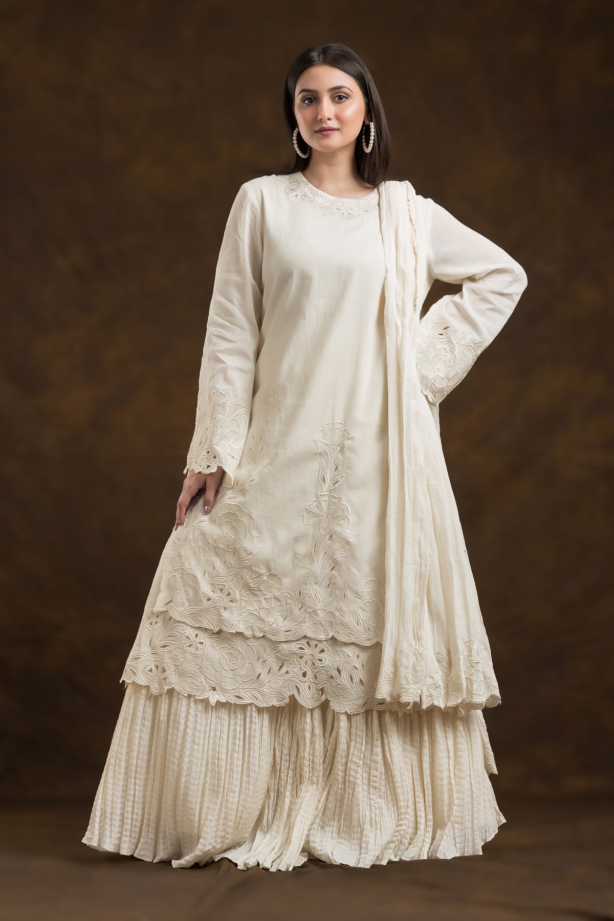 Designer Mulmul Kurta-Skirt-Dupatta Set