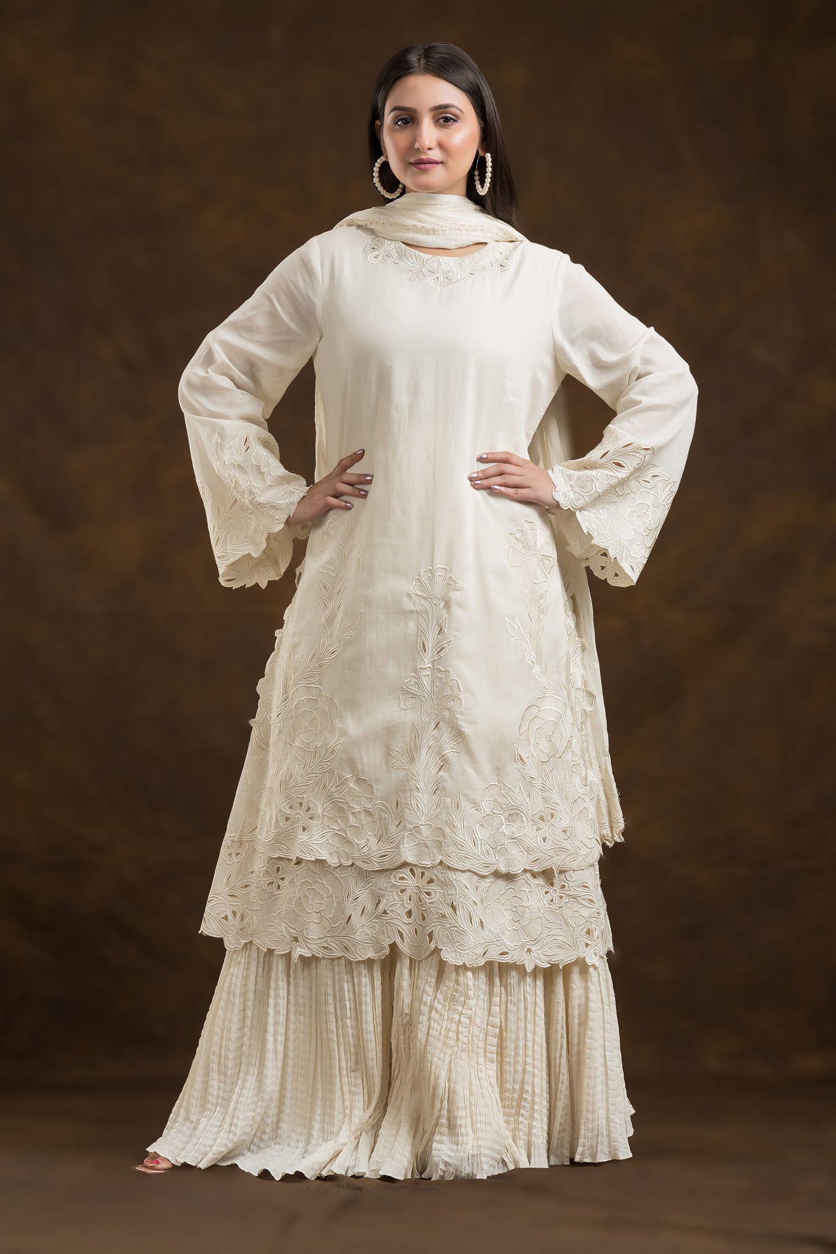 Designer Mulmul Kurta-Skirt-Dupatta Set