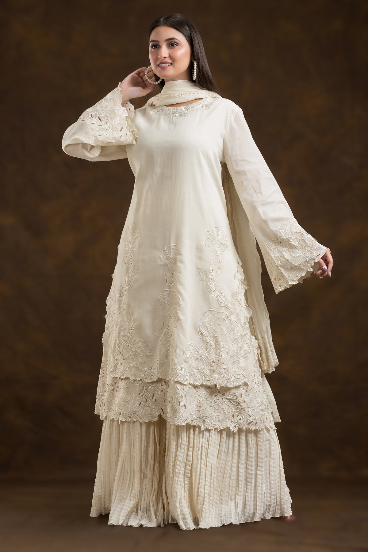 Designer Mulmul Kurta-Skirt-Dupatta Set