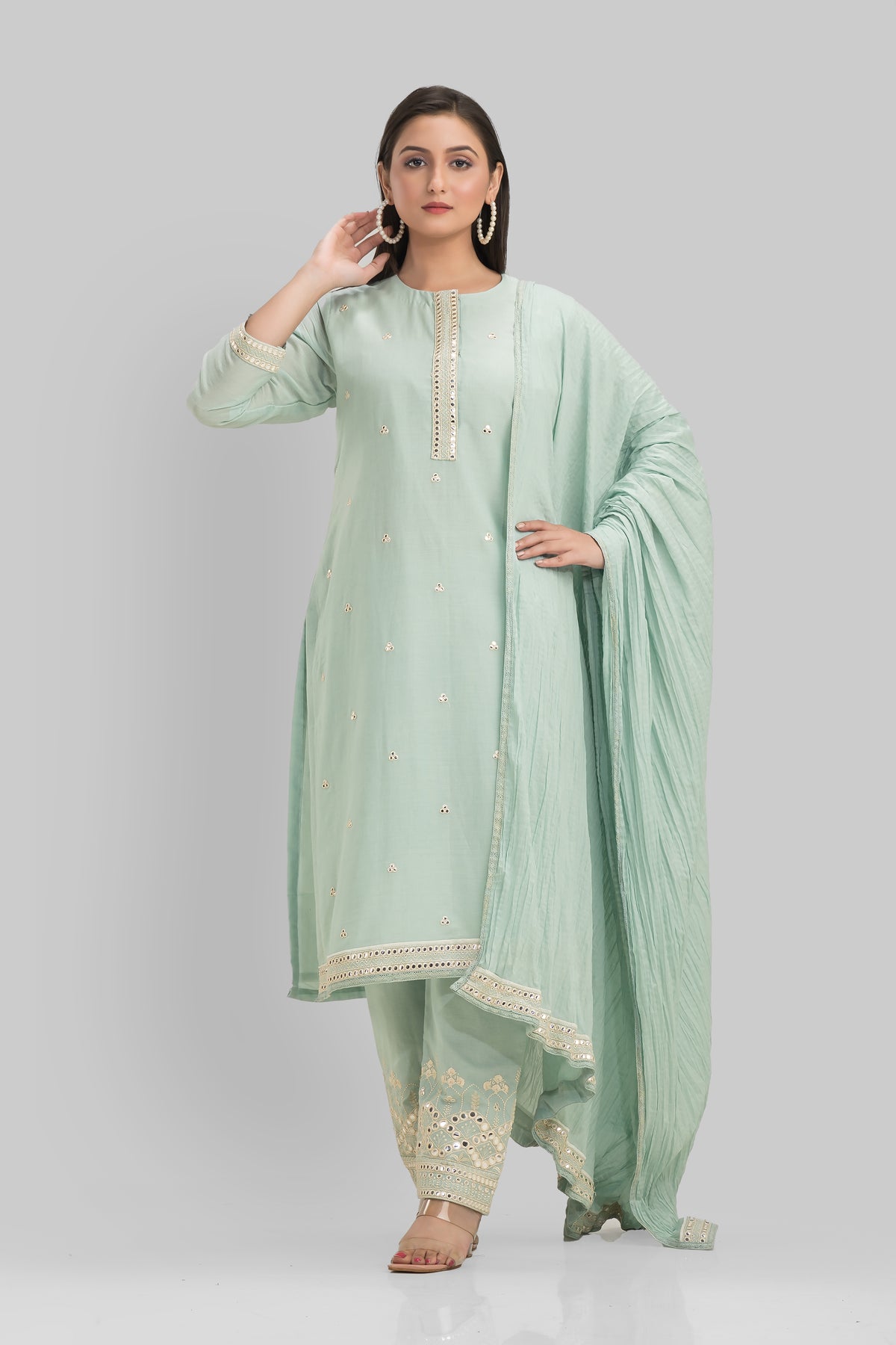 Embroidered Cotton Kurta-Pant-Dupatta Set