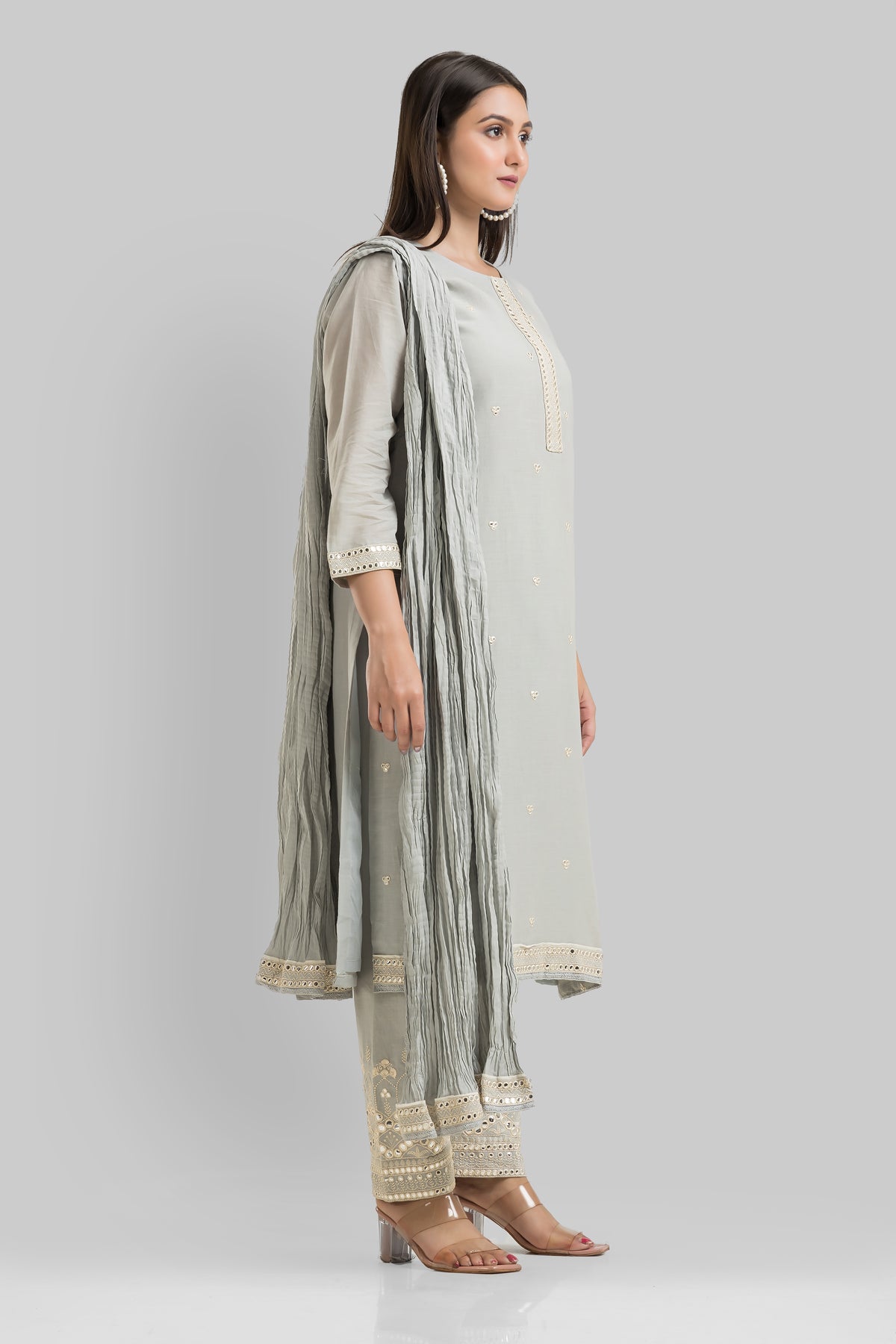 Embroidered Cotton Kurta-Pant-Dupatta Set