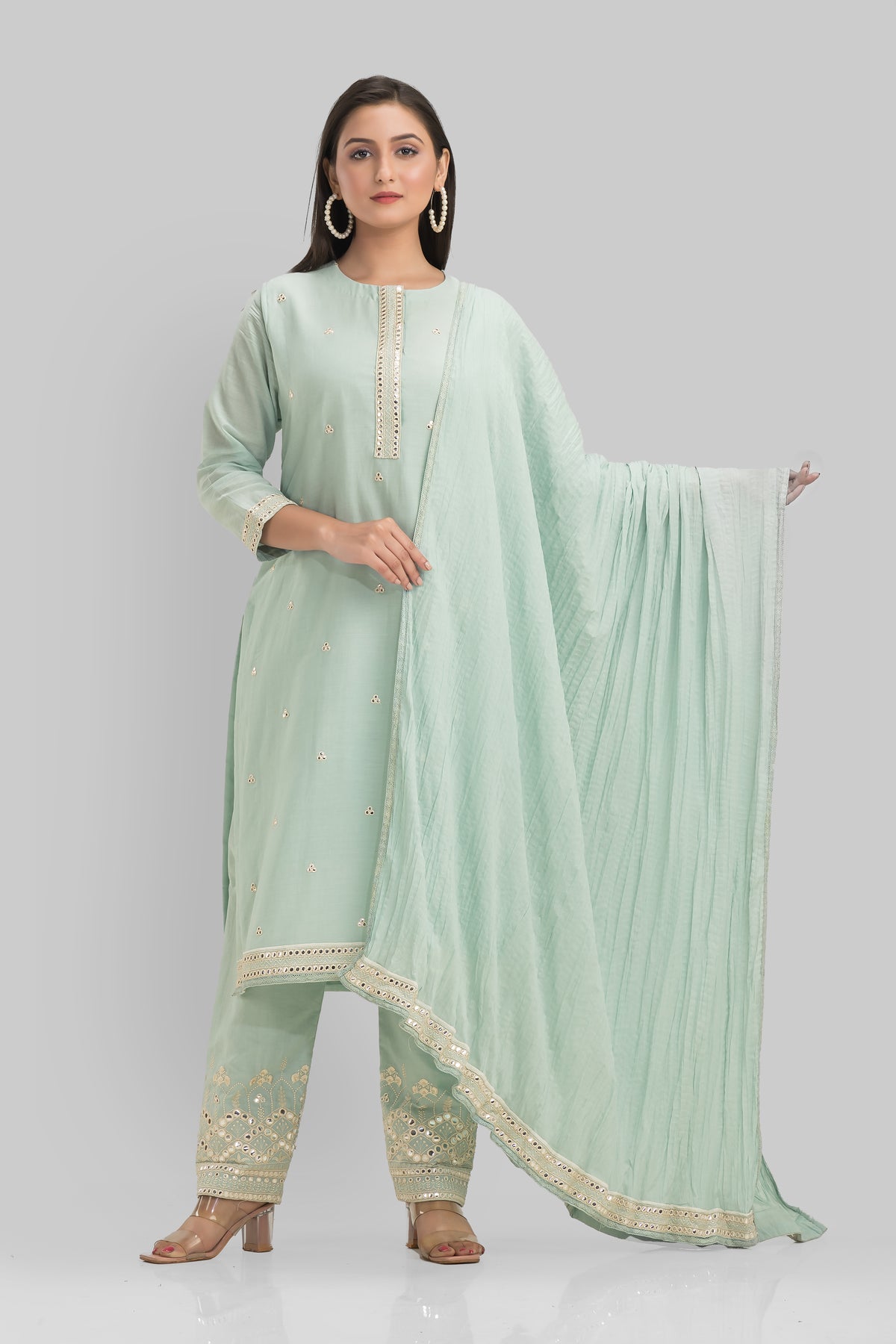 Embroidered Cotton Kurta-Pant-Dupatta Set