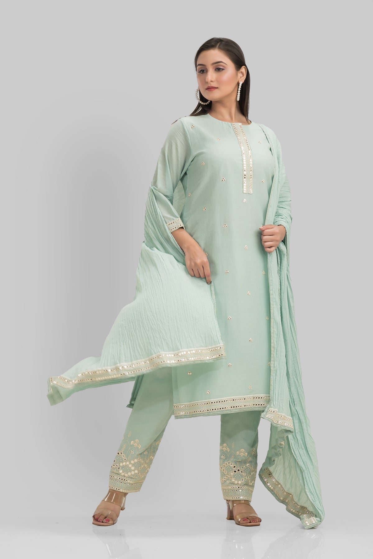 Embroidered Cotton Kurta-Pant-Dupatta Set