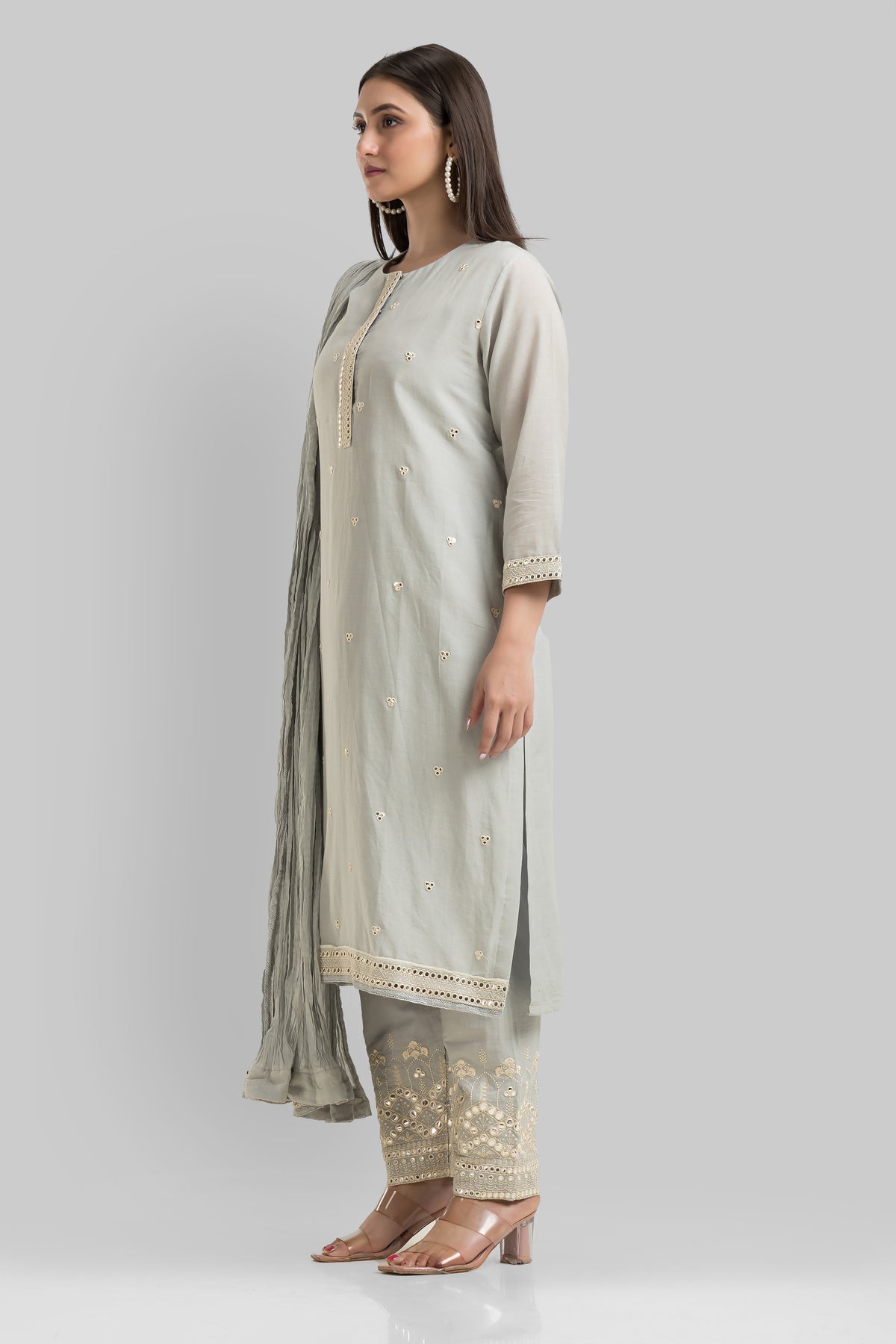 Embroidered Cotton Kurta-Pant-Dupatta Set