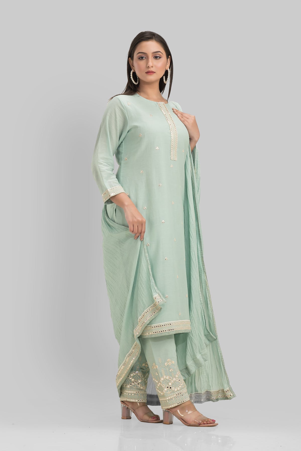 Embroidered Cotton Kurta-Pant-Dupatta Set