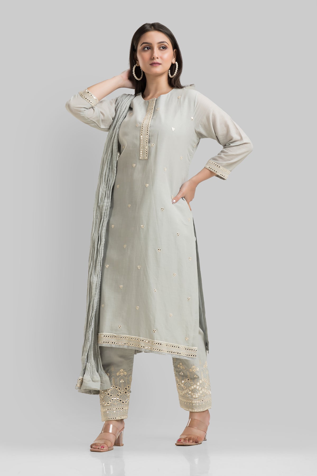 Embroidered Cotton Kurta-Pant-Dupatta Set