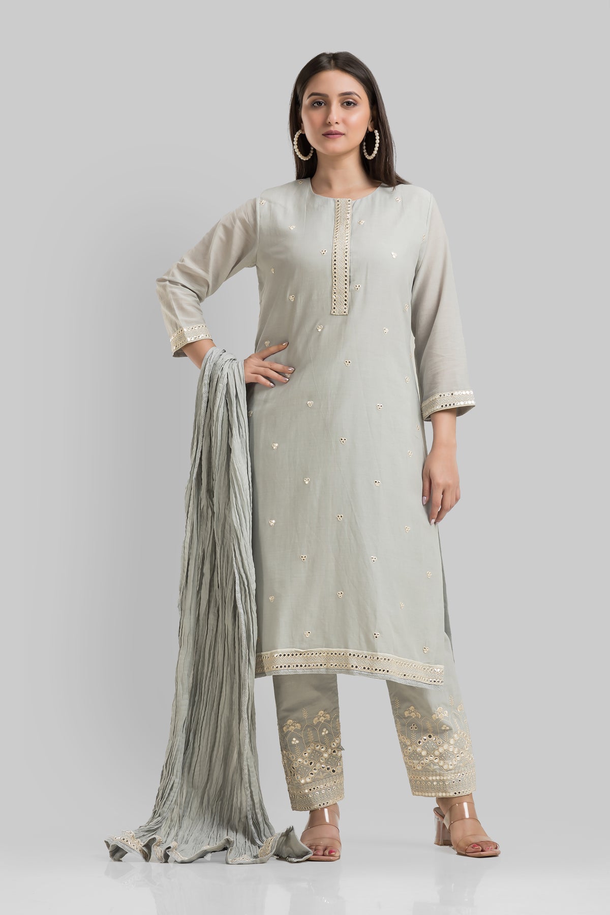 Embroidered Cotton Kurta-Pant-Dupatta Set