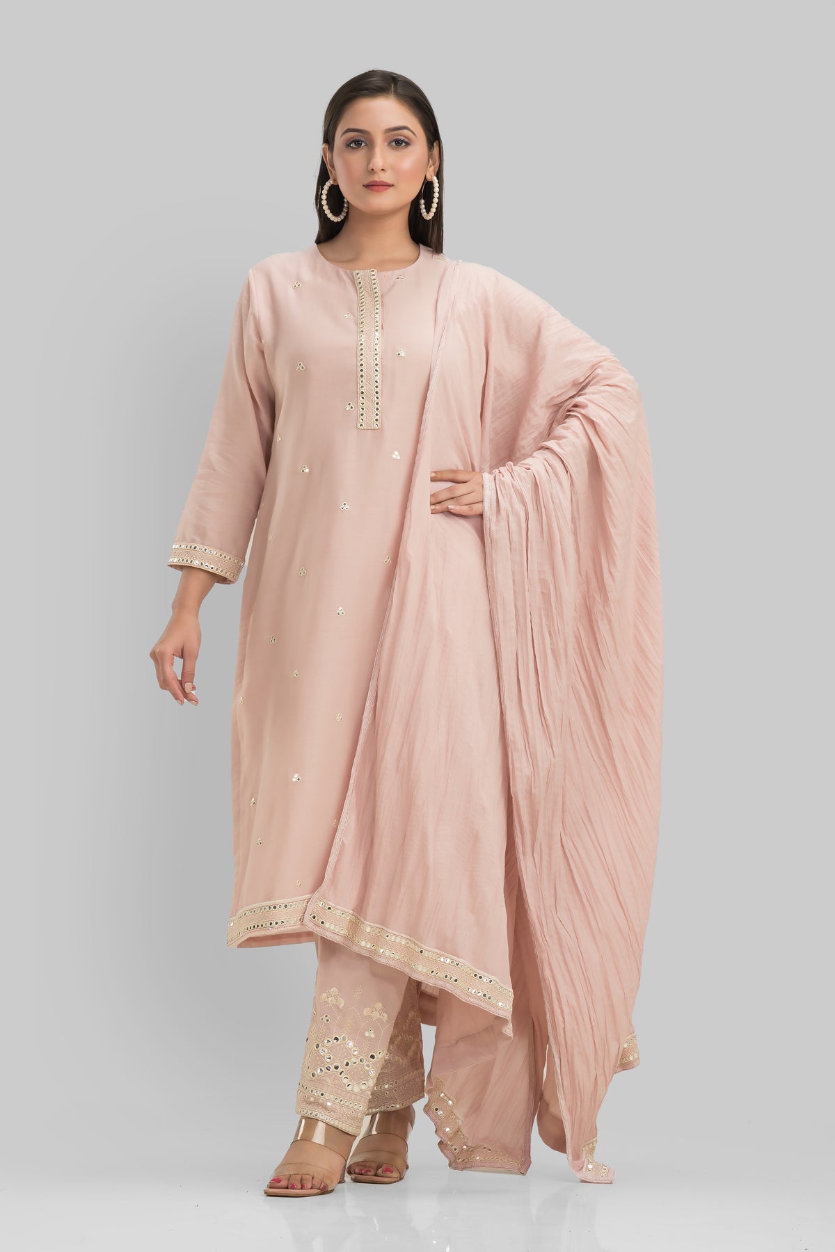 Embroidered Cotton Kurta-Pant-Dupatta Set