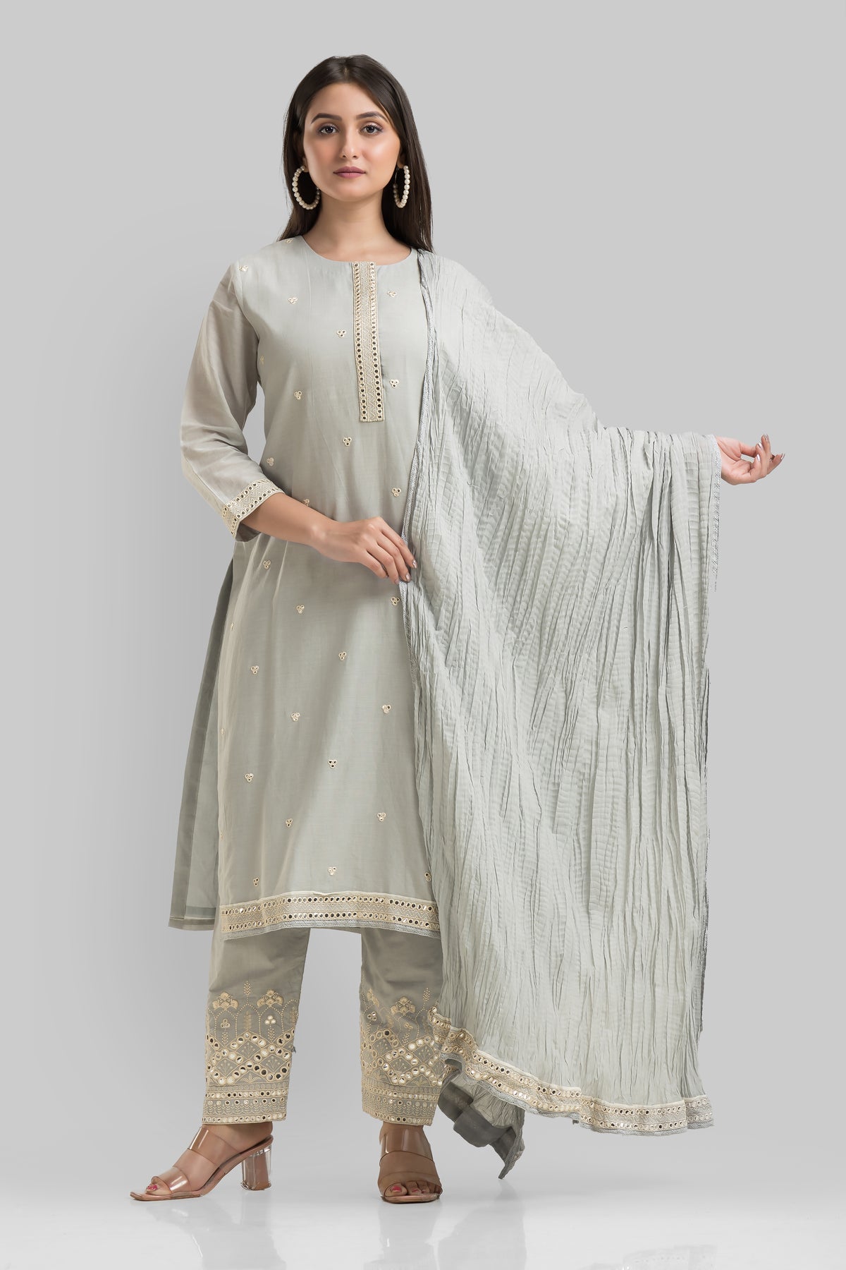 Embroidered Cotton Kurta-Pant-Dupatta Set