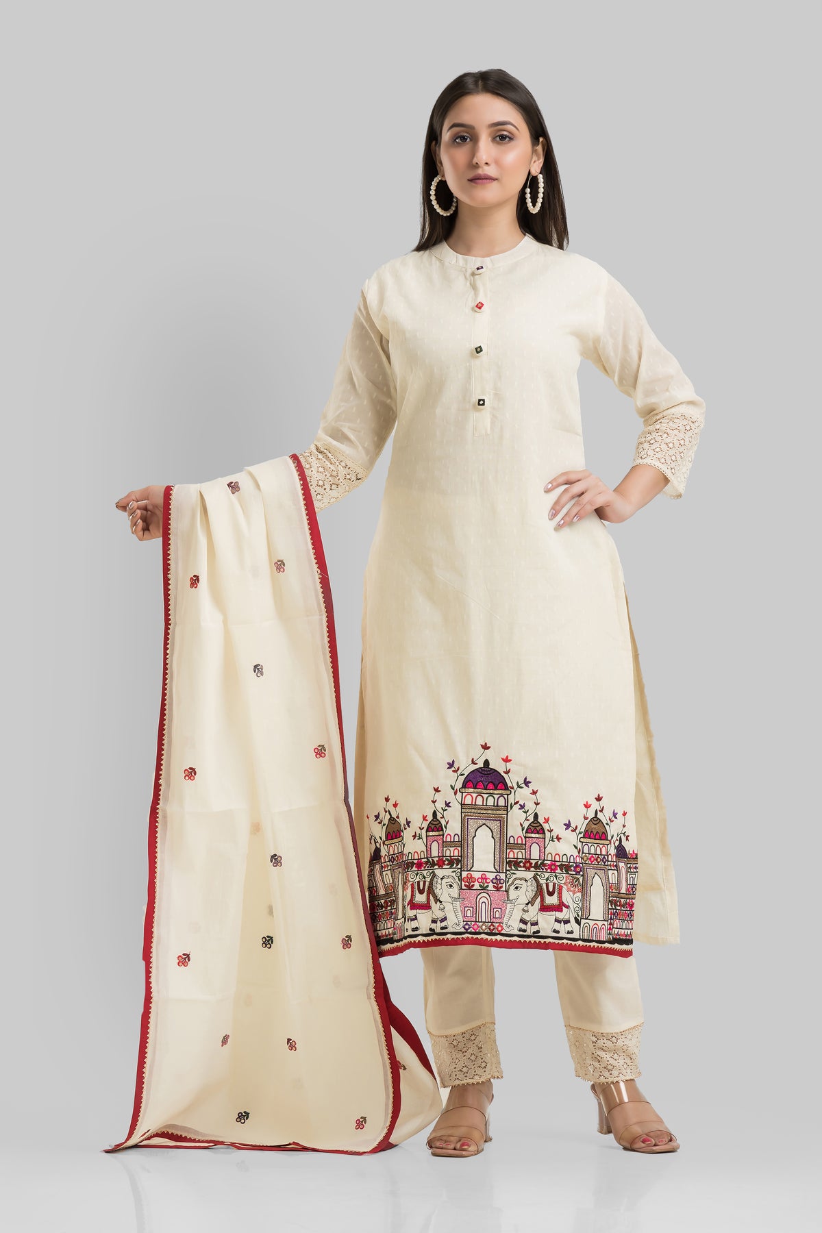 Designer Kora jacquard Kurta-Pant-Dupatta Set